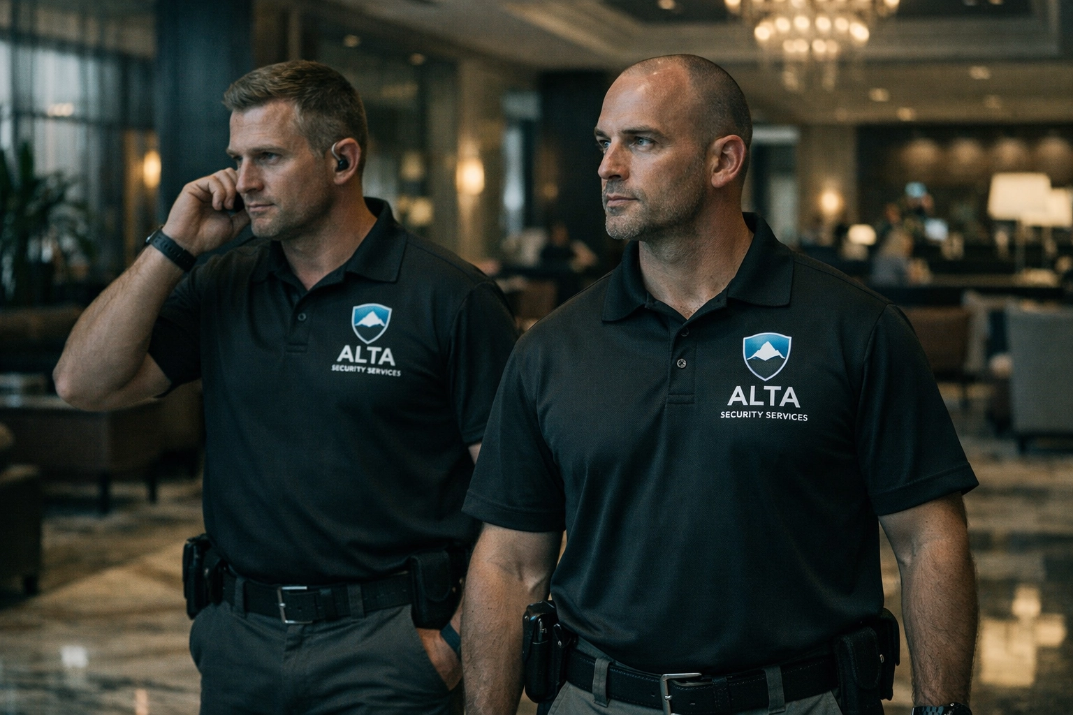 Discreet close protection officers providing executive security in upscale venue