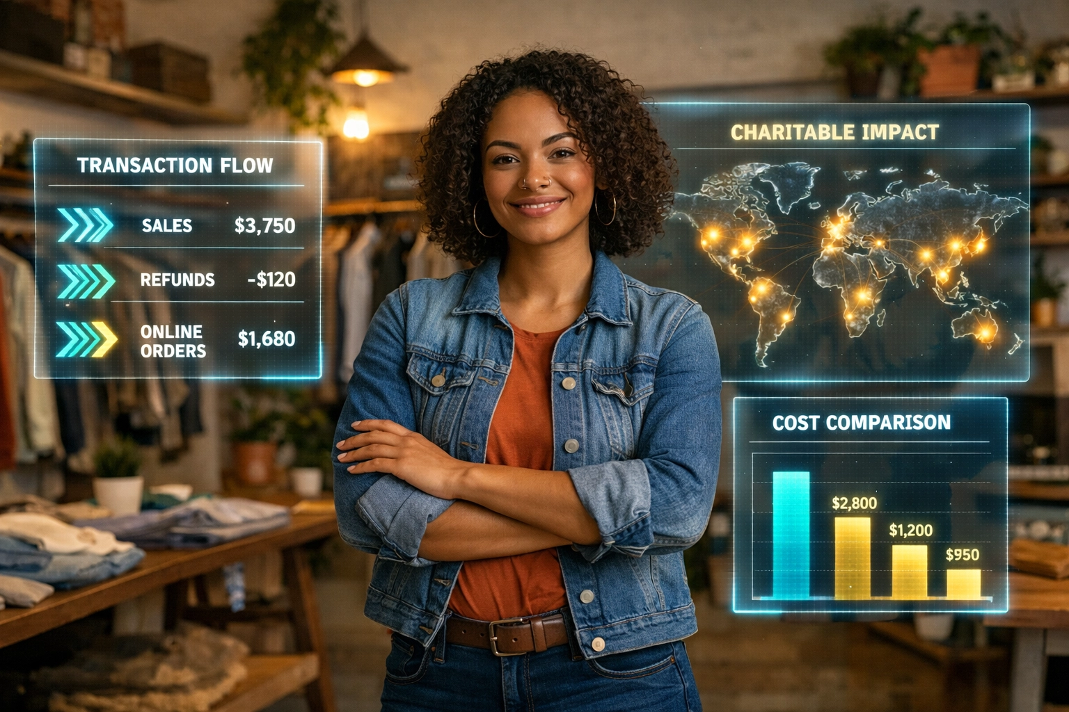 Small business owner tracking Larecoin transaction impact with real-time dashboard