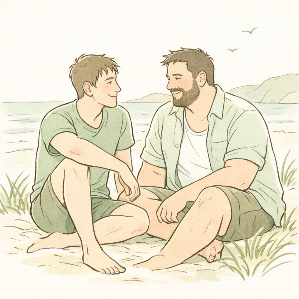 Men with diverse body types in conversation representing body positivity in gay fiction