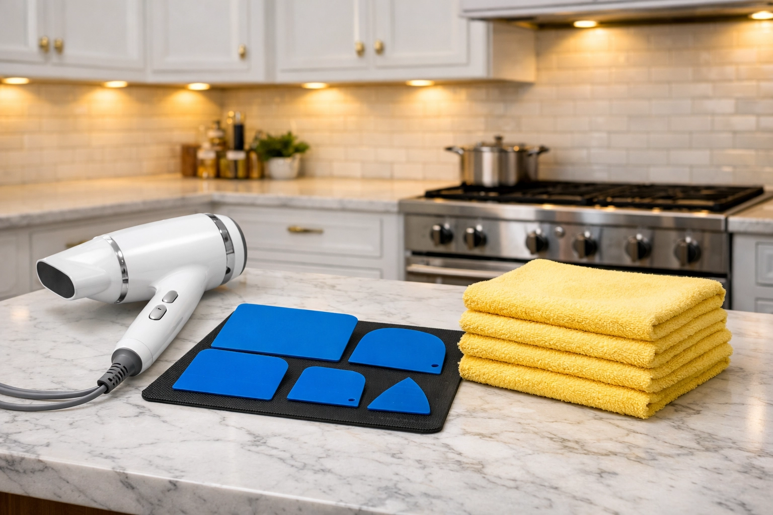 Essential tools for removing protective film: hair dryer, plastic scrapers, and microfiber cloths.