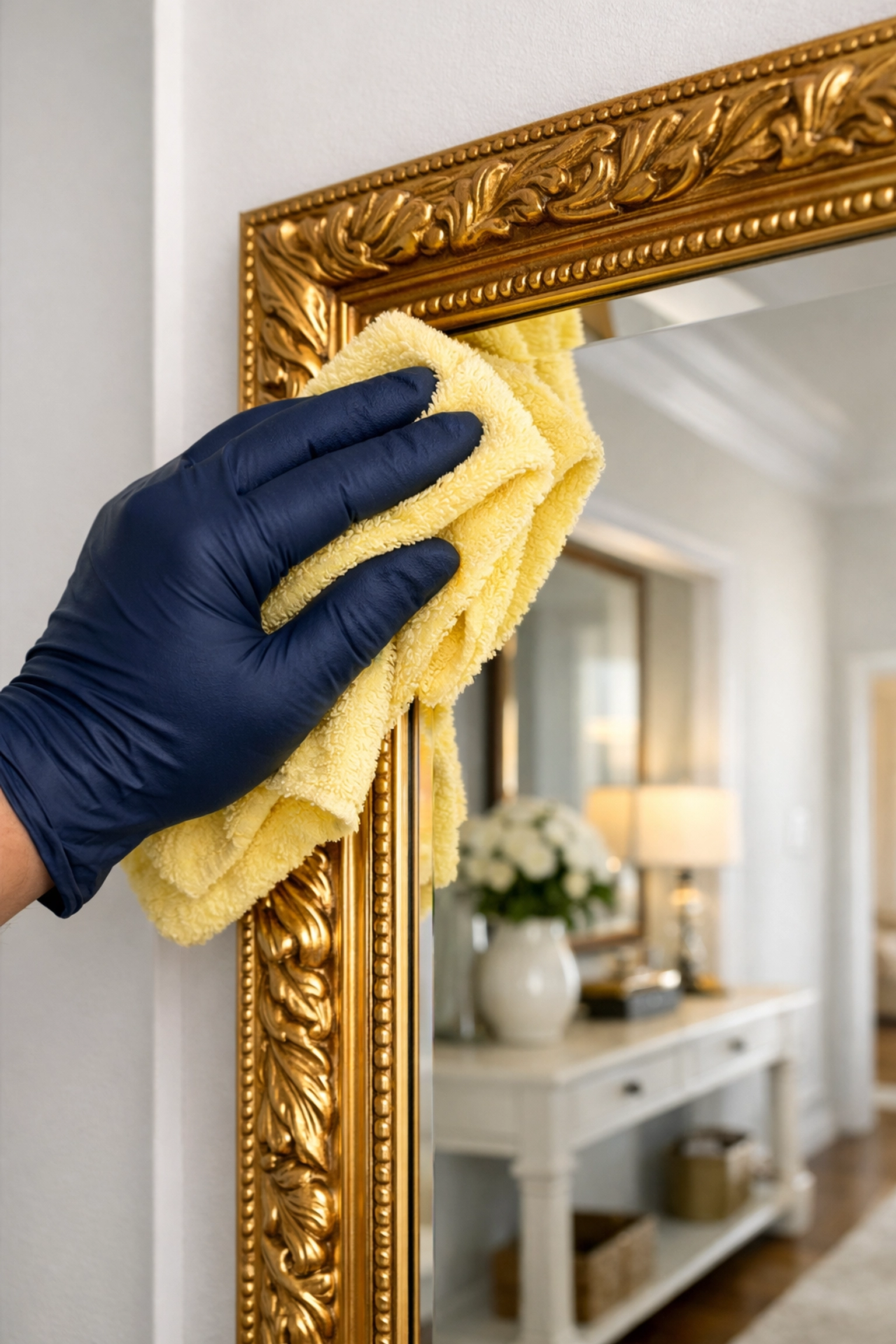 Expert detail cleaning and dusting of a gold-framed mirror in a luxury Wenham residence.