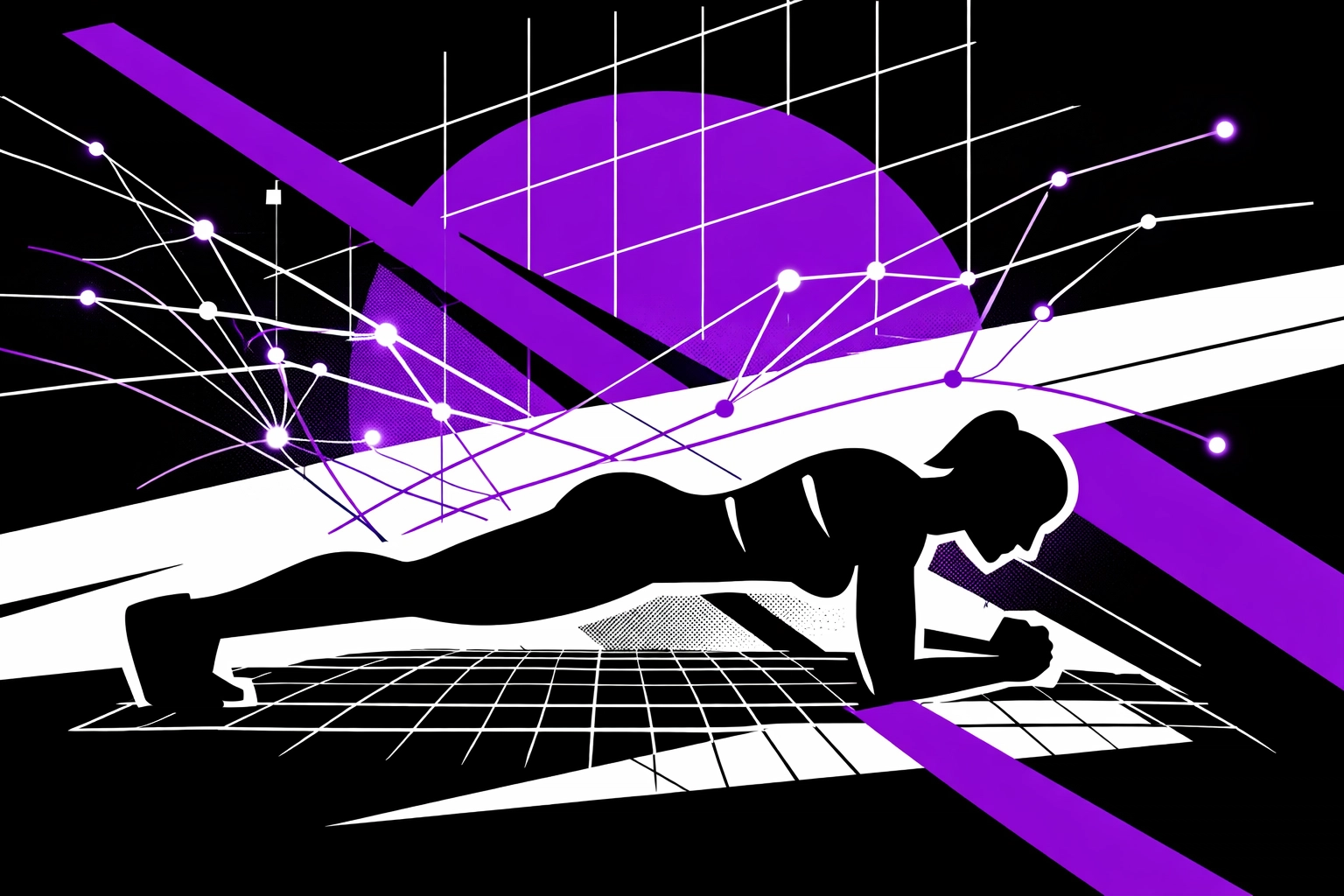 Abstract Hot Pilates strength concept with minimal faceless silhouette forms, neural lines, and purple geometric overlays