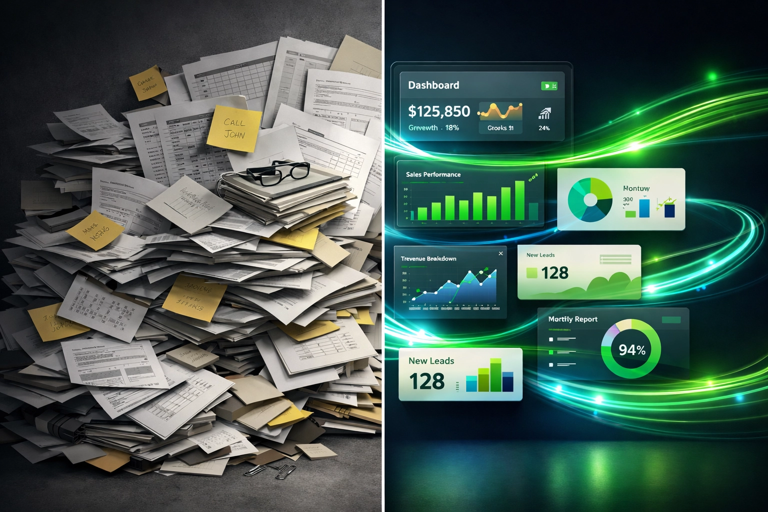 Comparison of manual data chaos versus centralized automated business data management