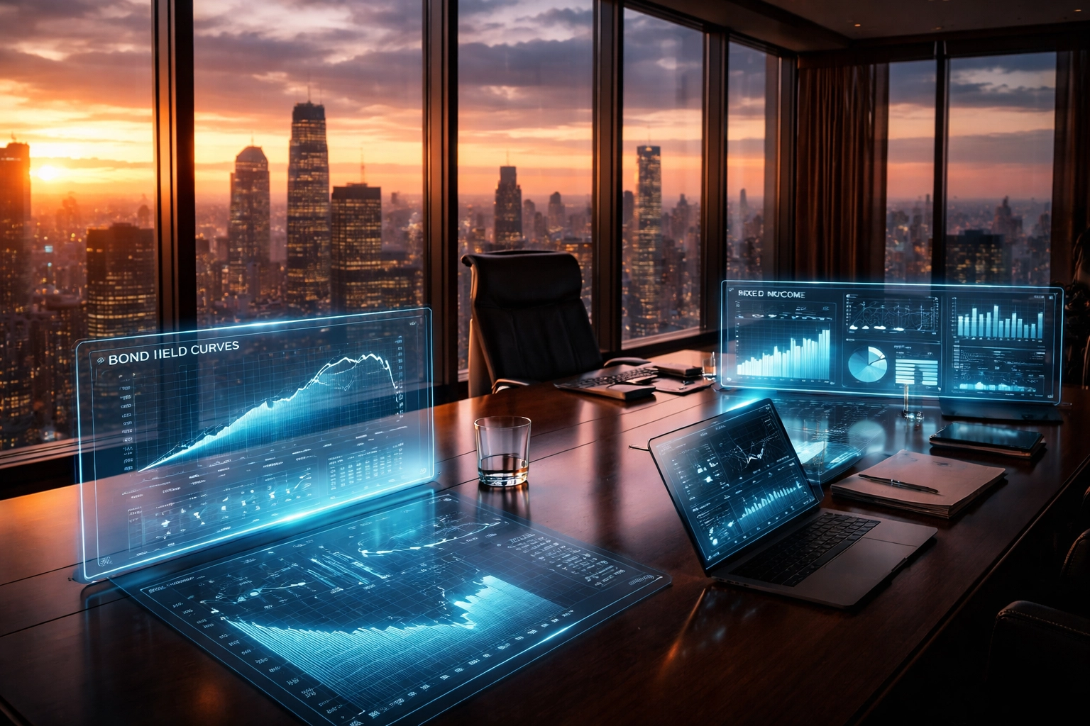 Modern conference room with digital financial charts and city skyline, highlighting active fixed income strategies
