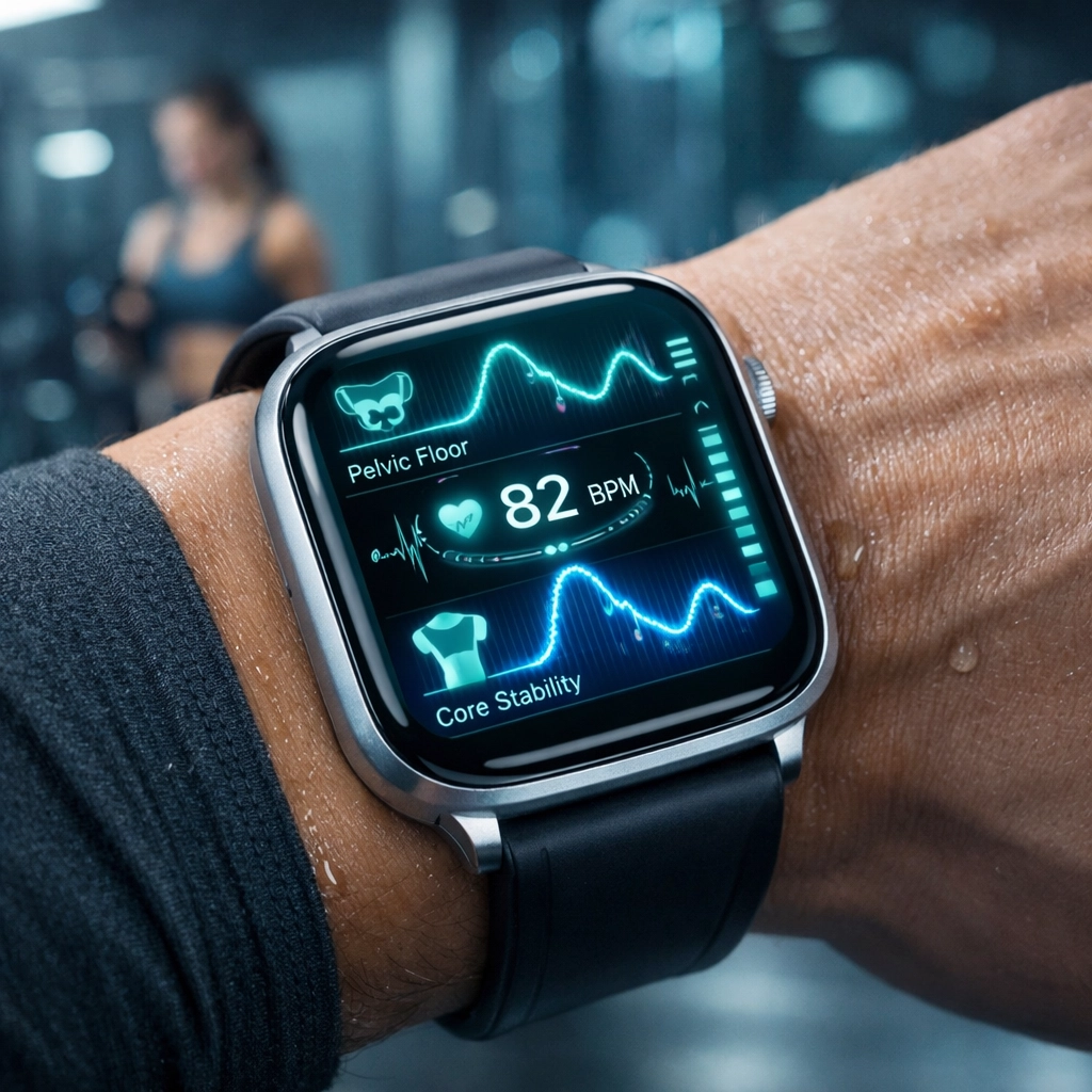 Smartwatch displaying pelvic floor biofeedback and core stability metrics for athletic performance monitoring.