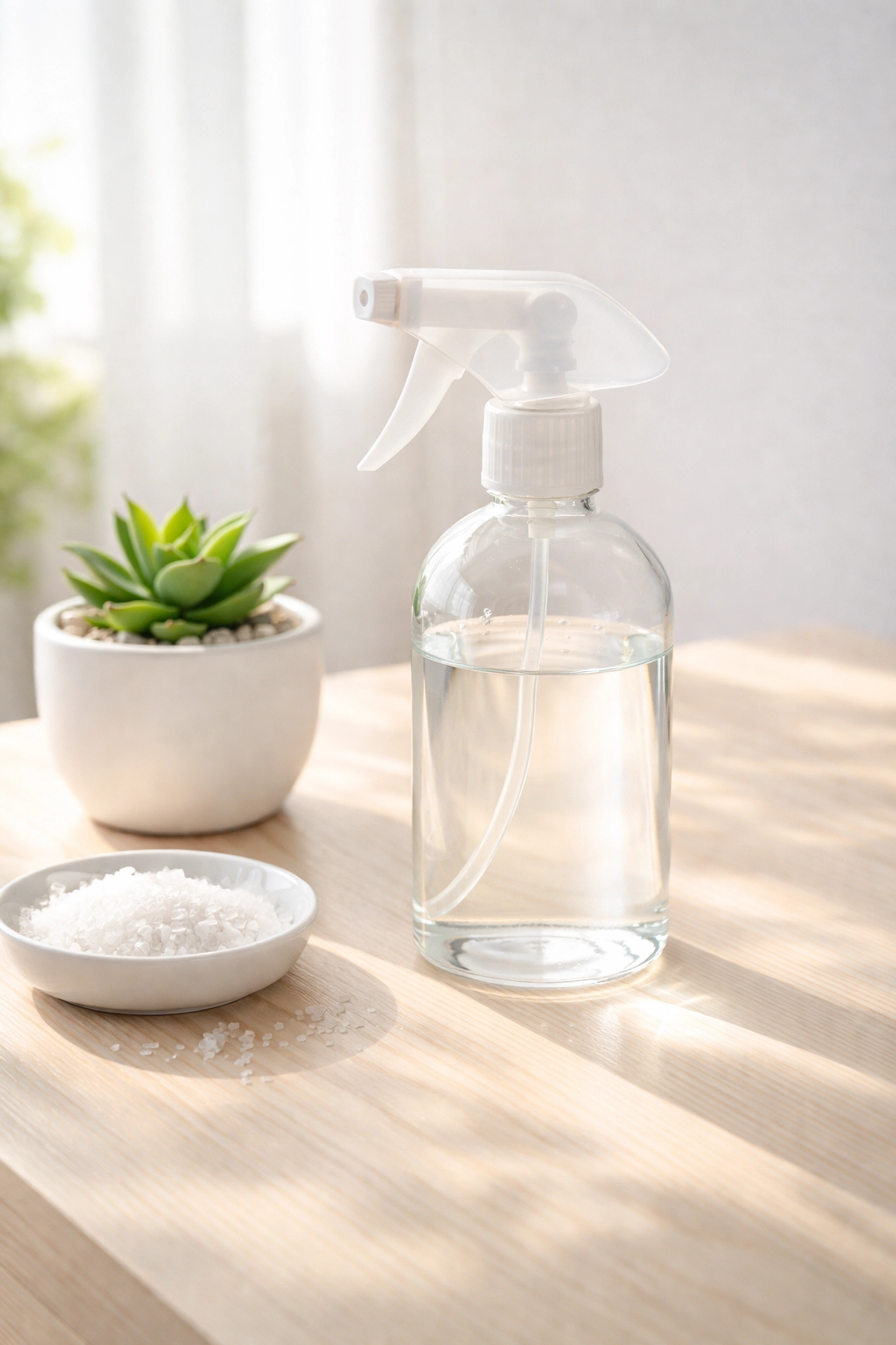 Clear eco-friendly cleaning spray bottle with natural elements showing genuine sustainable products