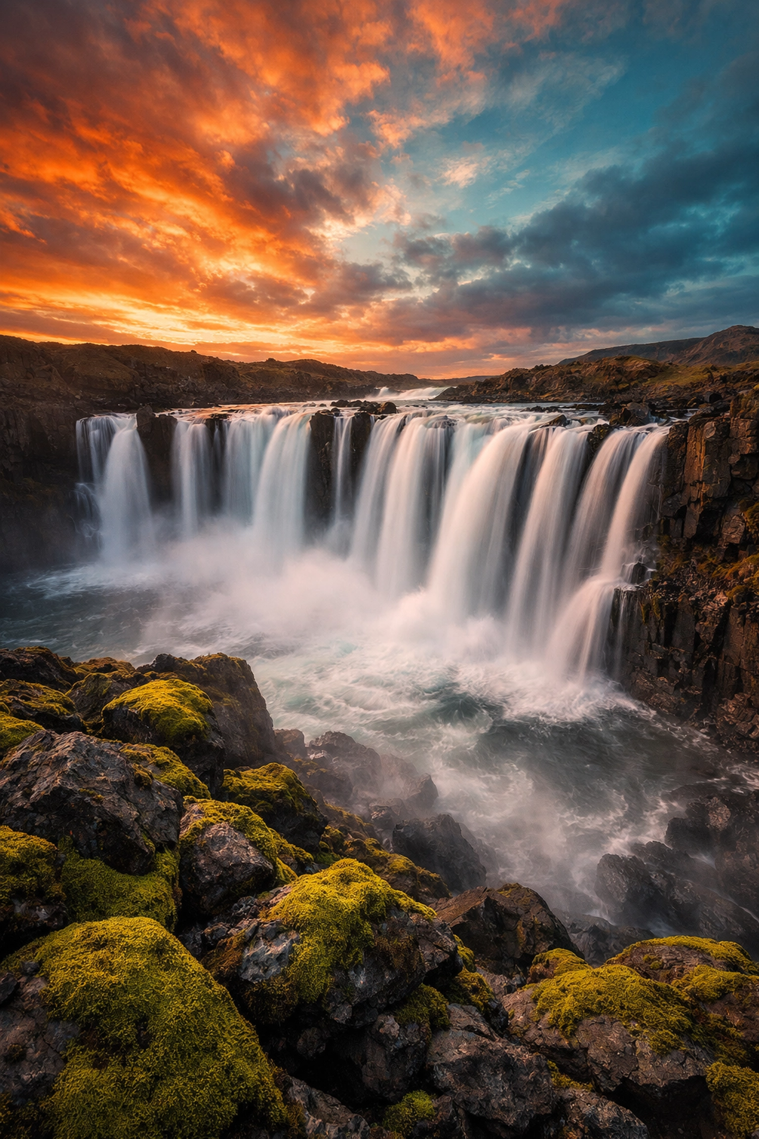 Silky waterfall captured using long exposure and manual camera settings during a golden hour landscape shoot.