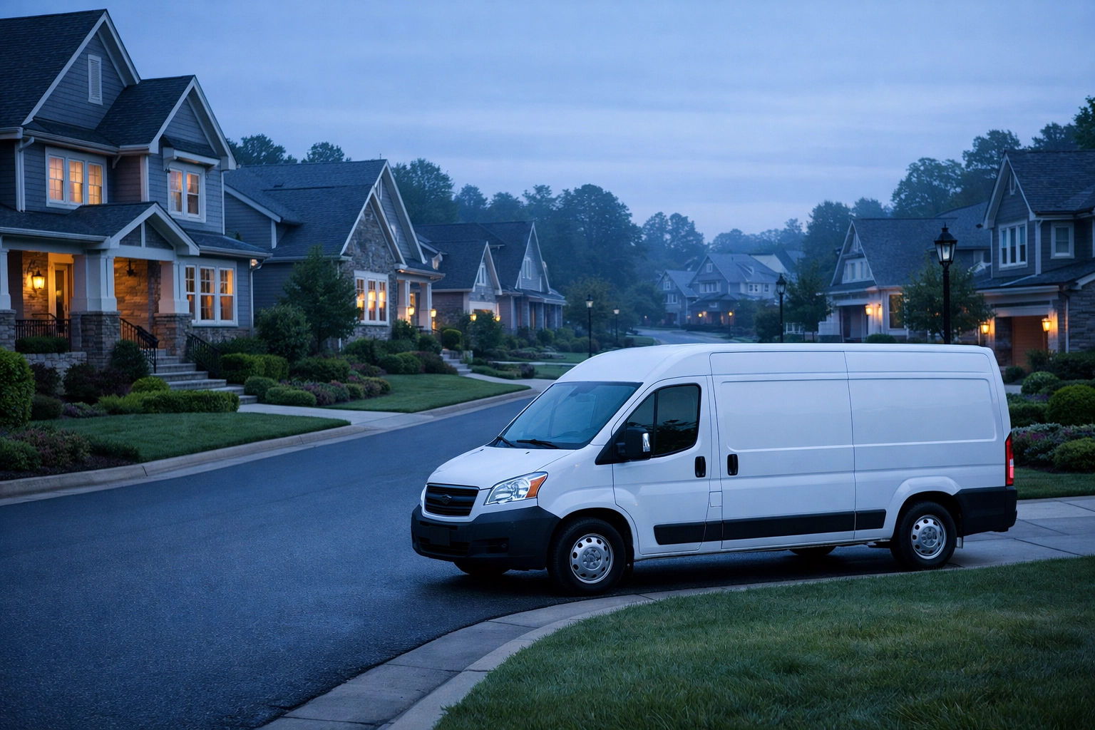 Service van in a Raleigh suburb illustrating high route density for home service business multiples.