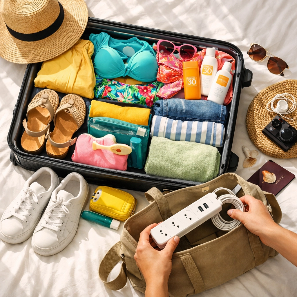 Organized suitcase packed with cruise essentials including swimsuits and sunscreen