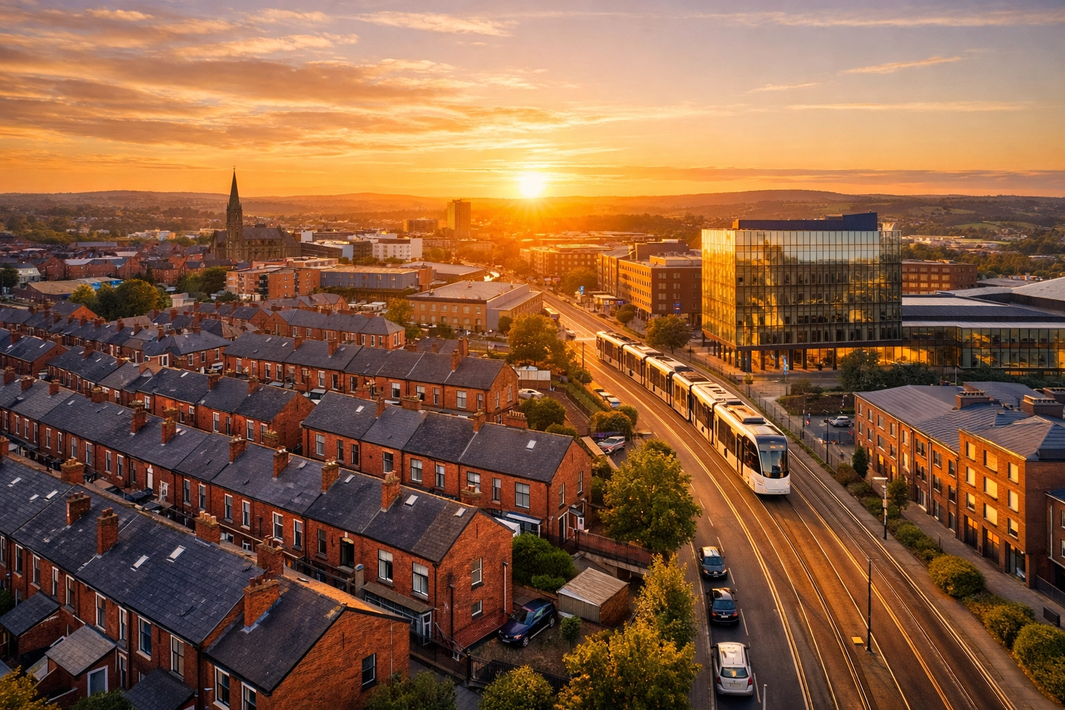 Aerial view of terrace houses in Oldham, showing the high potential for North West HMO property investments.