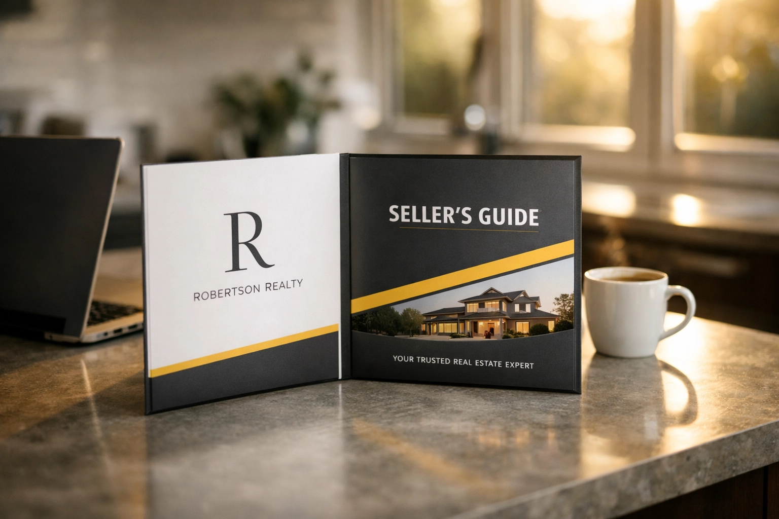 Real estate presentation folder with listing materials on homeowner's kitchen counter