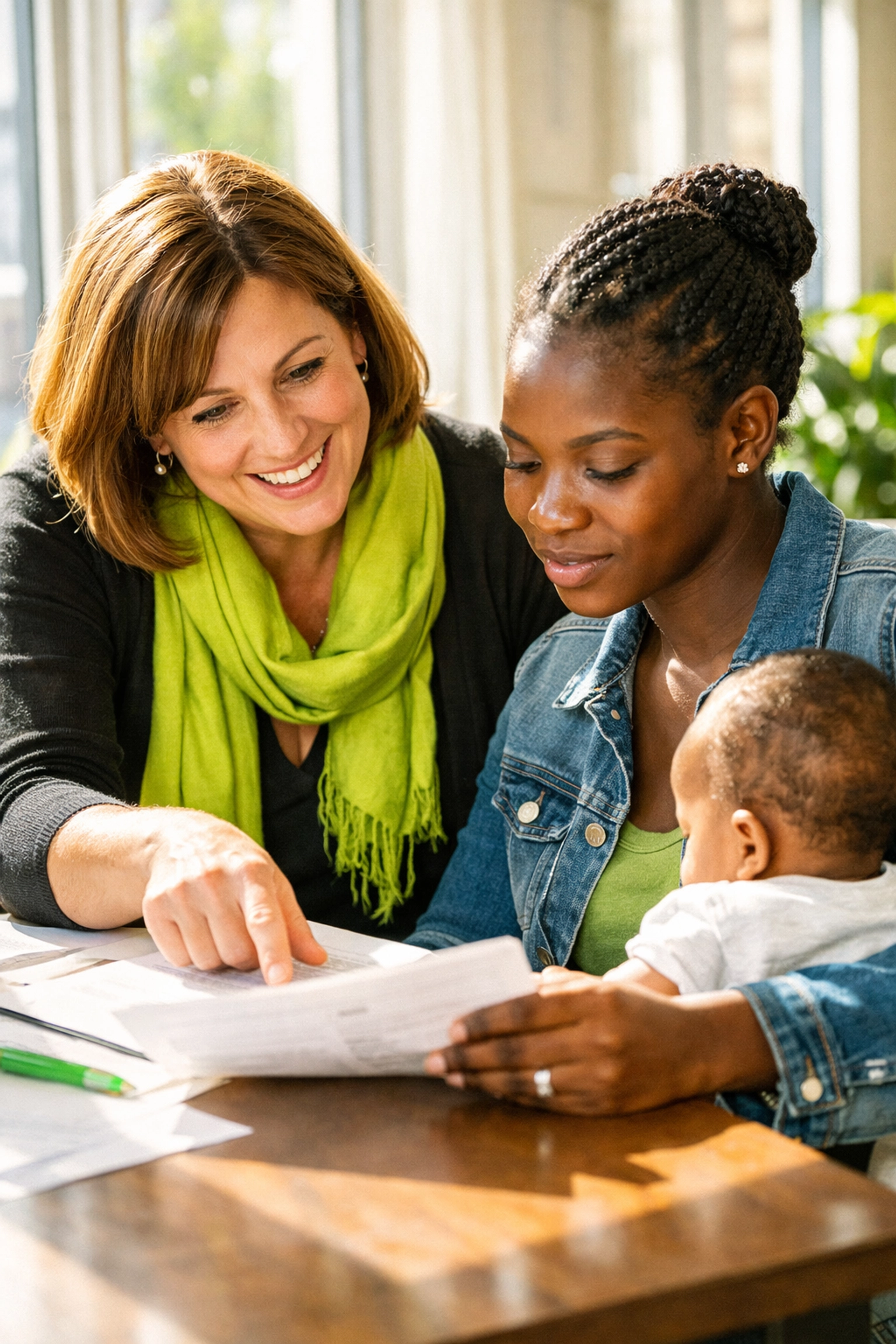 A compassionate AIFS advocate providing healthcare navigation and mental health support to a mother.