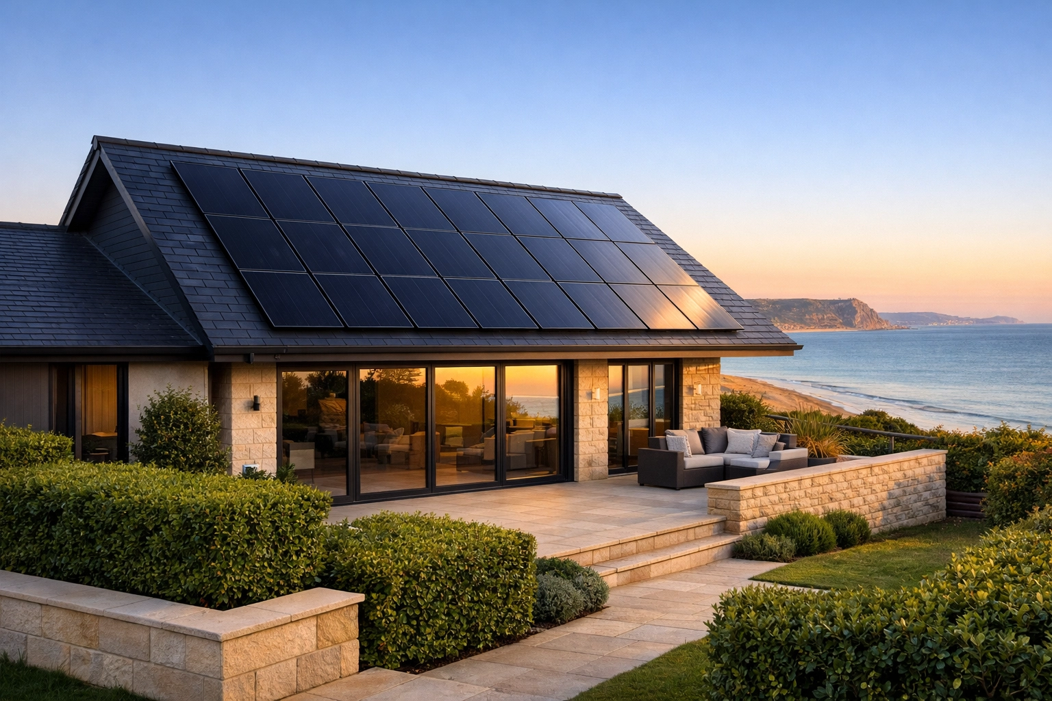 Modern coastal home in Christchurch with sleek black solar panels installed on a slate-grey roof.