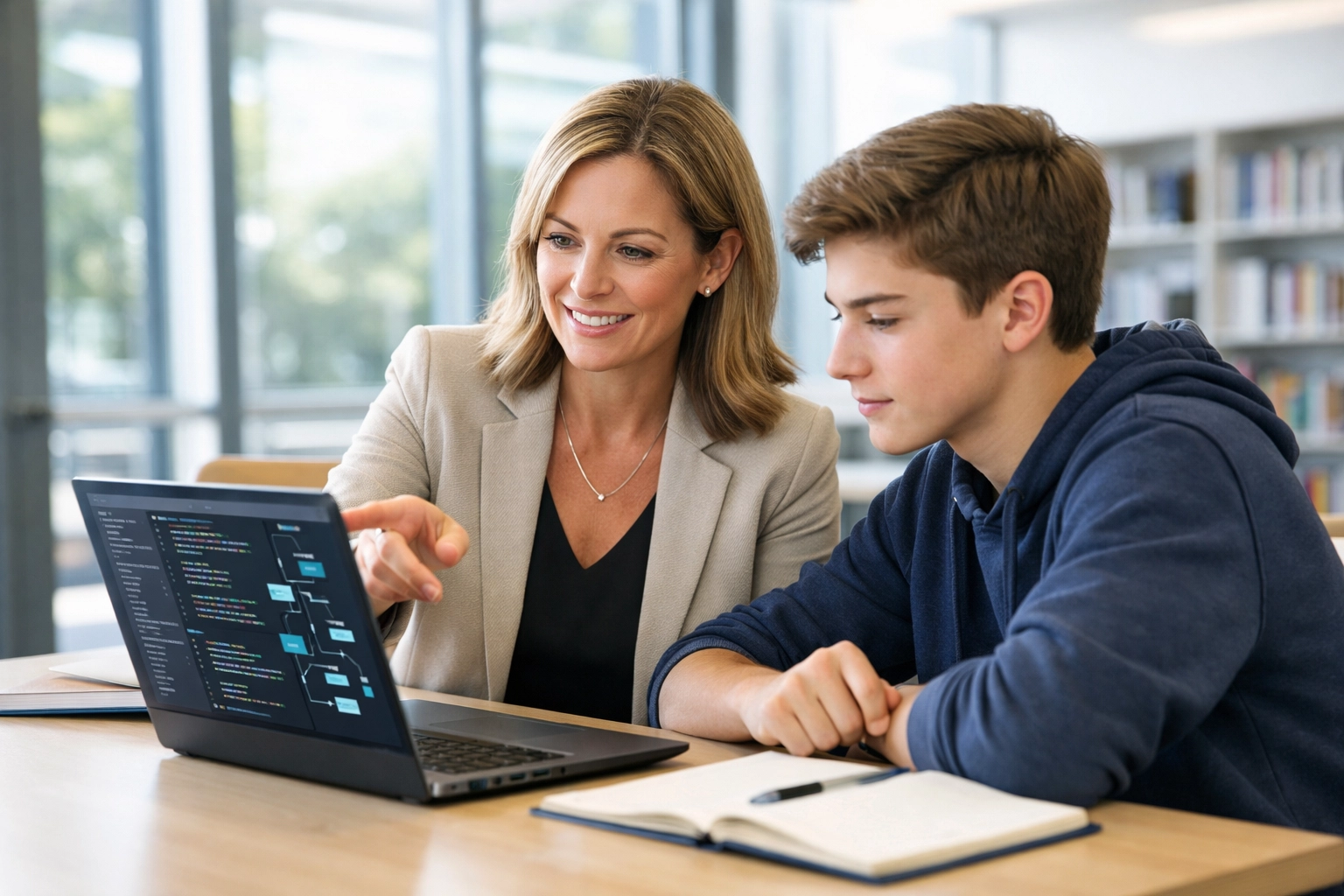 Professional mentor guiding a high school student in software coding for the next-gen talent funnel.