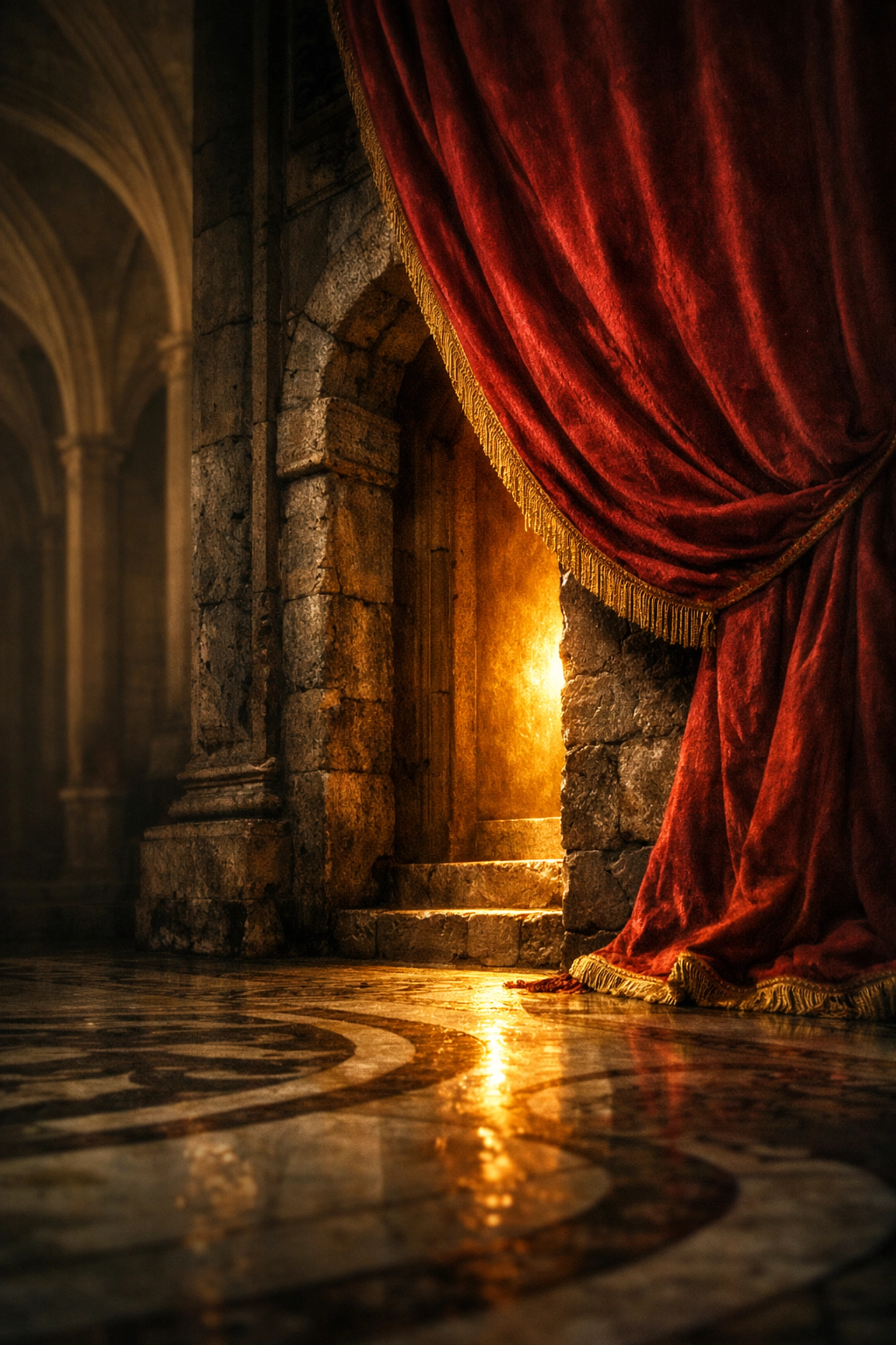 Secret chamber door hidden behind a Renaissance tapestry in the Vatican, hinting at gay historical romance mysteries.