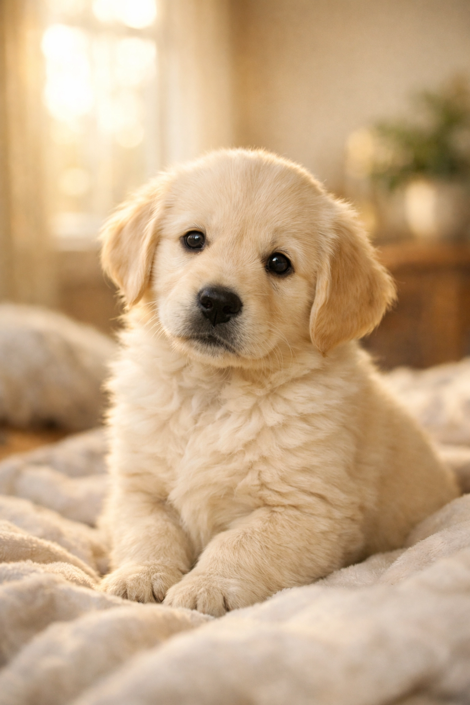 Calm English Cream Golden Retriever puppy displaying gentle temperament and soulful eyes