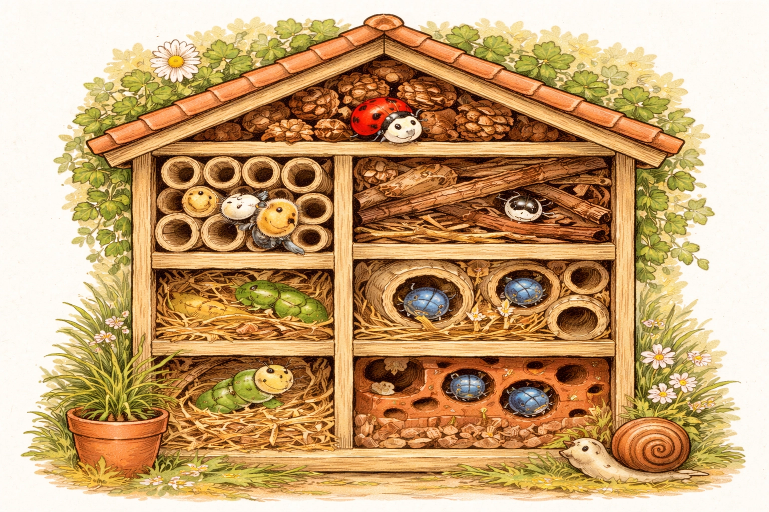 Cross-section of bug hotel filled with natural materials and friendly insects in separate compartments