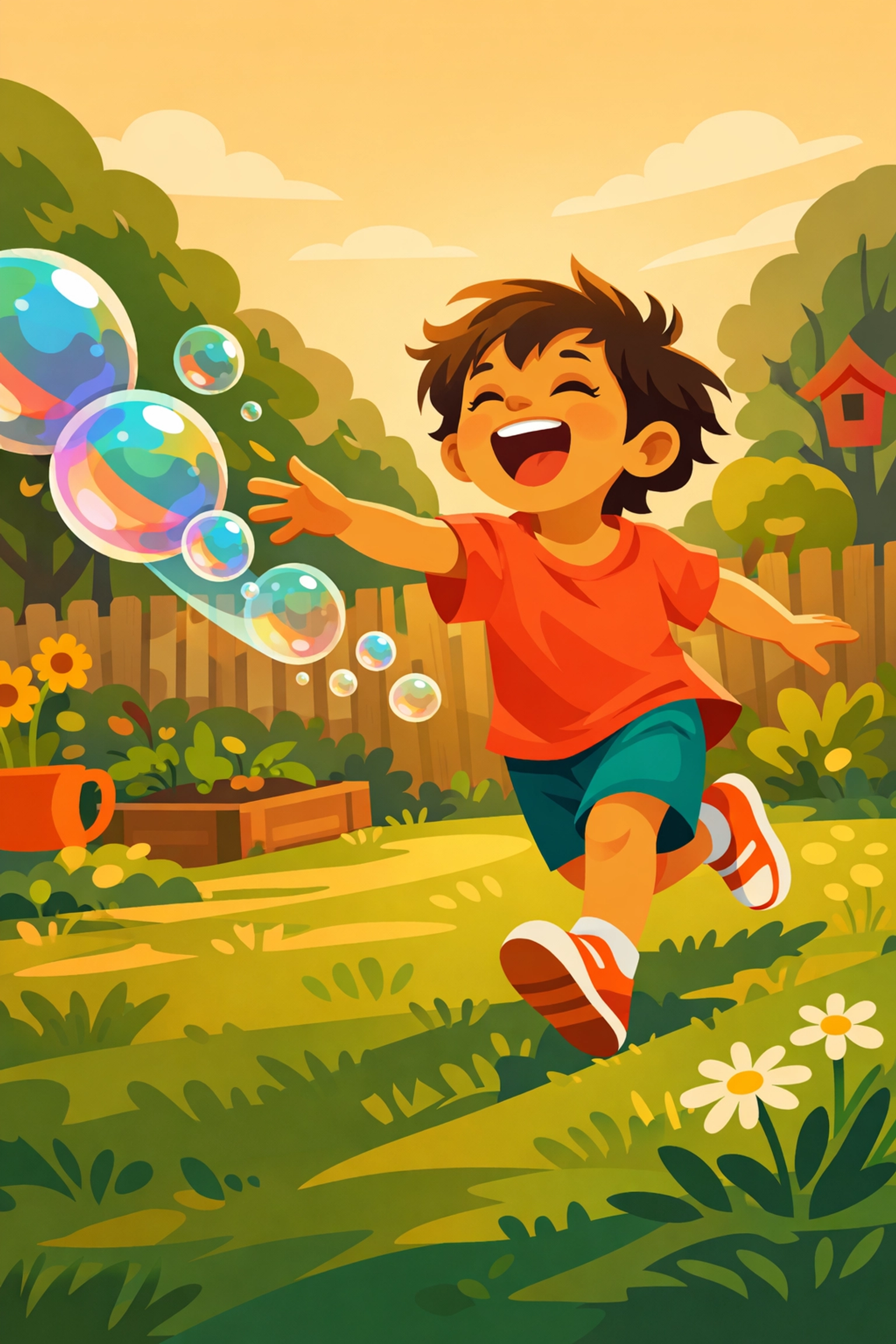 A happy child chasing bubbles in a backyard to illustrate joyful, child-led learning in autism therapy.