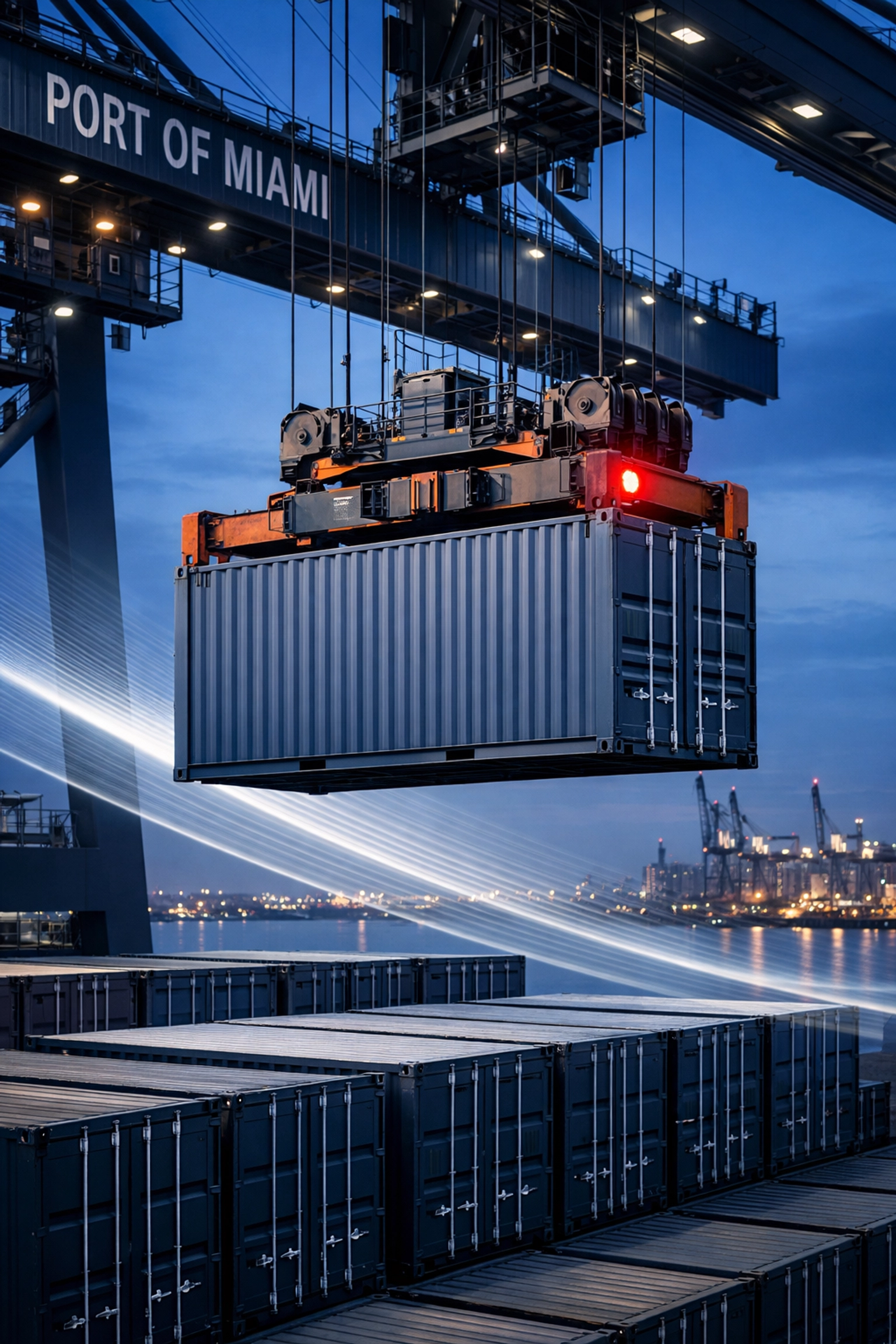 Industrial gantry crane stacking cargo containers at the Port of Miami with a freight forwarder in Miami.