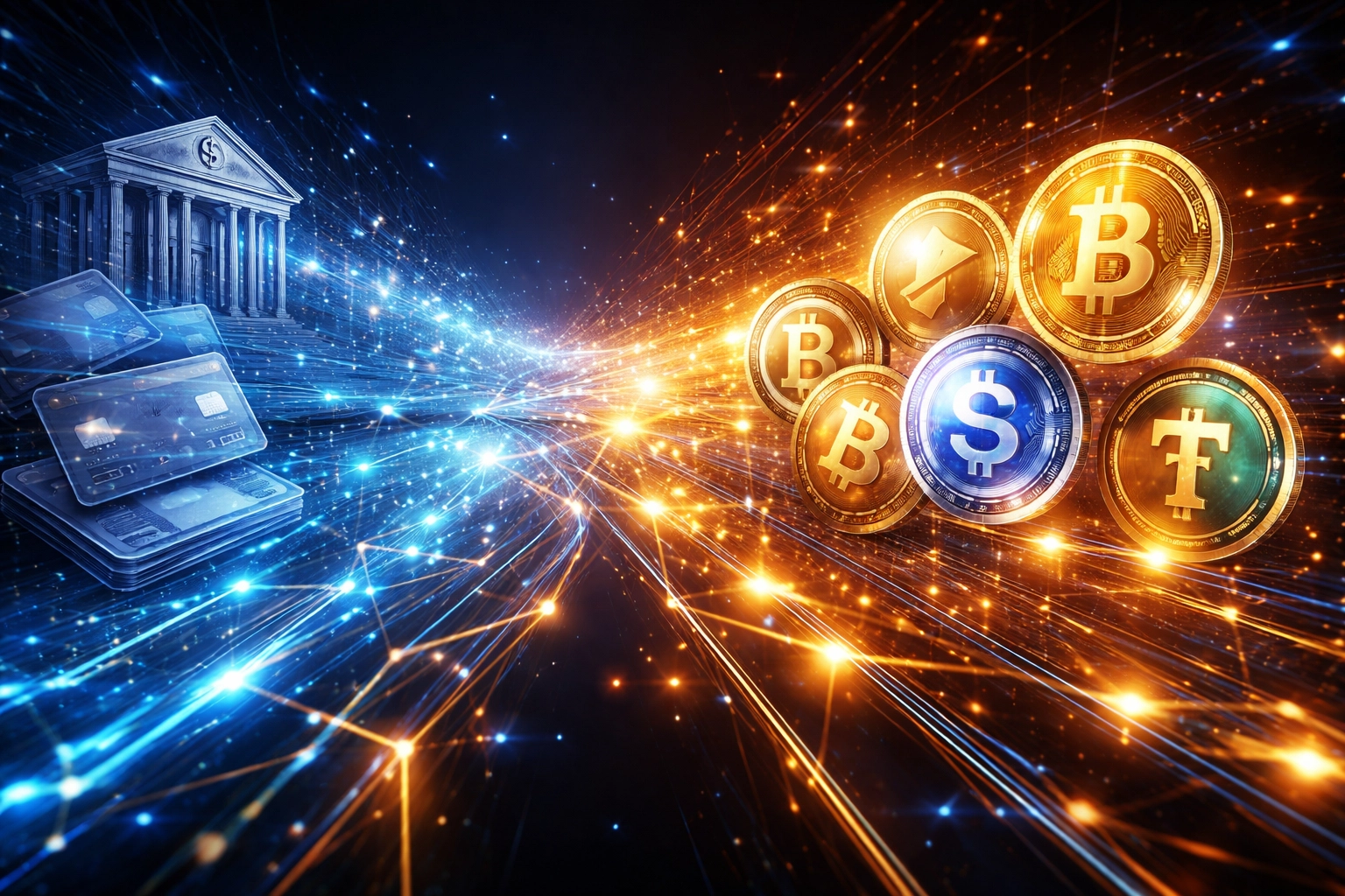 Digital payment transformation showing traditional banks fading while Web3 crypto tokens and stablecoins represent reduced interchange fees