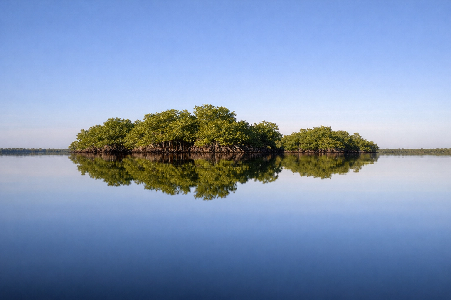 Symmetrical landscape photography of mangrove reflections at Nine Mile Pond in the Everglades.