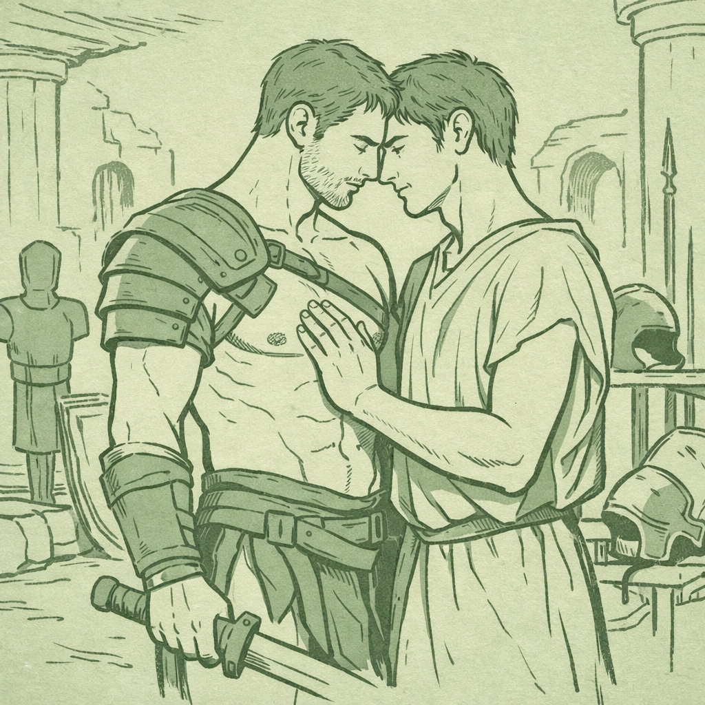Two men sharing intimate moment in Roman gladiator arena for MM historical fiction