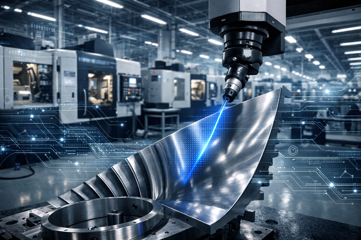 Laser scanning a turbine blade in a CT aerospace shop for data-protected manufacturing.