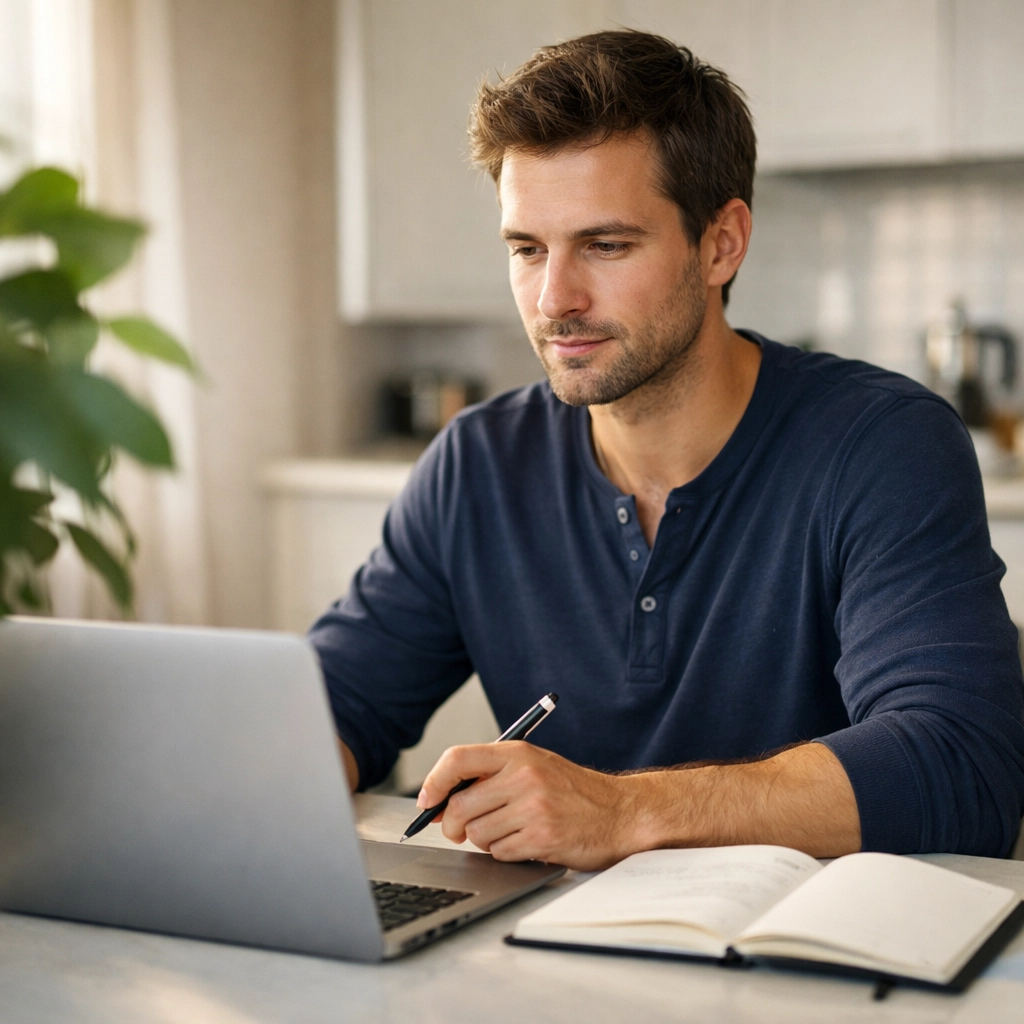 Young man reviewing personal loans for bad credit in Canada on a laptop at home.
