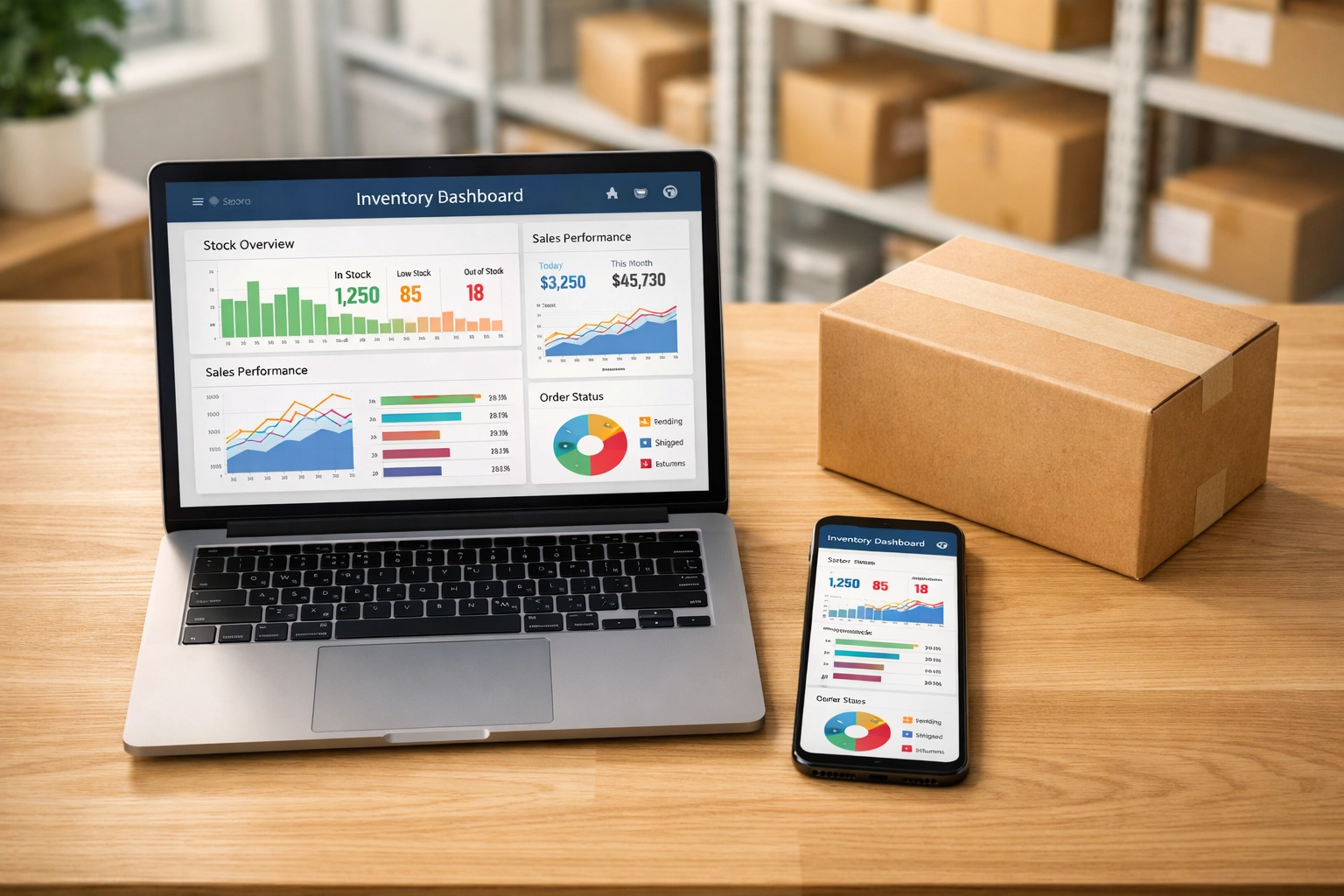 Laptop and smartphone showing synchronized inventory data in a professional e-commerce warehouse.