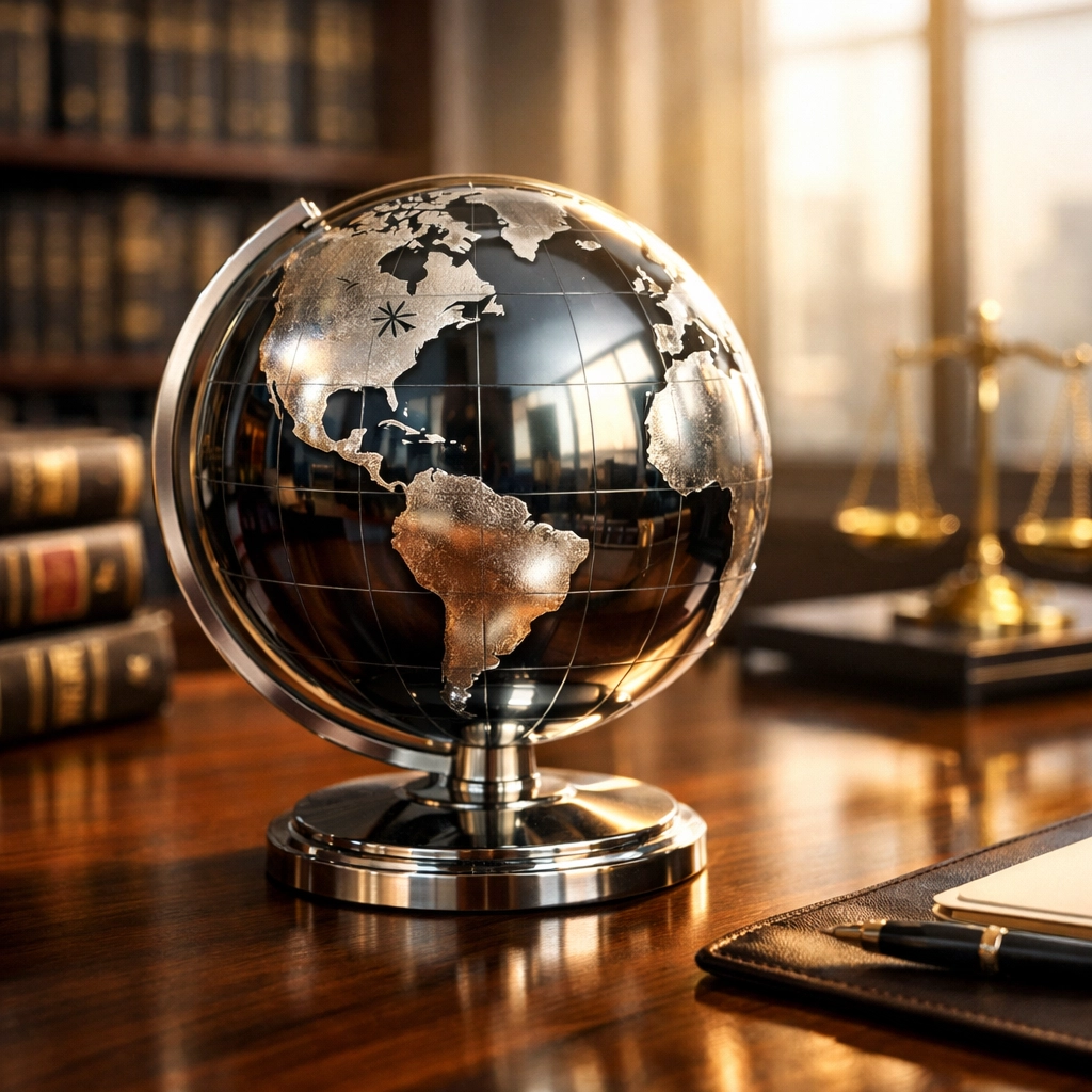 Metallic globe on a corporate desk representing global reach in international legal investigations.