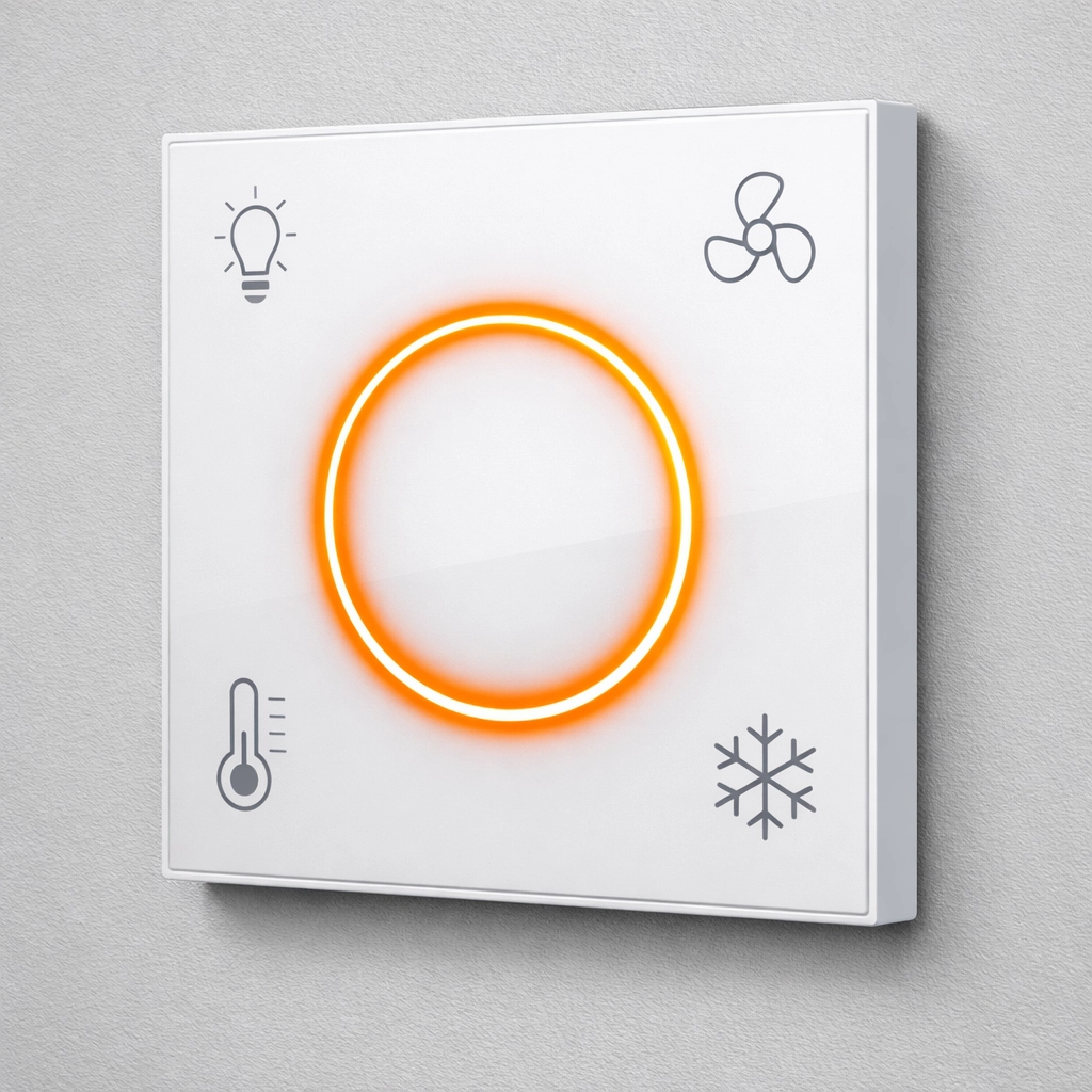 Flaches Smart Home Bedienpanel an der Wand zur Steuerung von Licht, Klima und Szenarien.