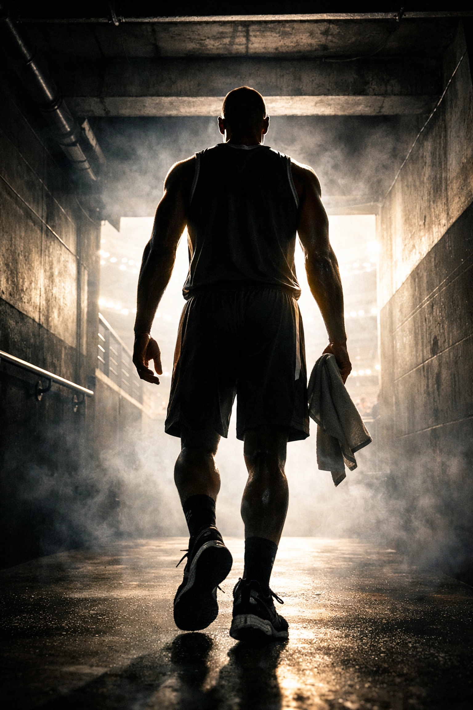 A professional athlete enters a bright stadium arena, symbolizing the bold mindset needed for NIL success.