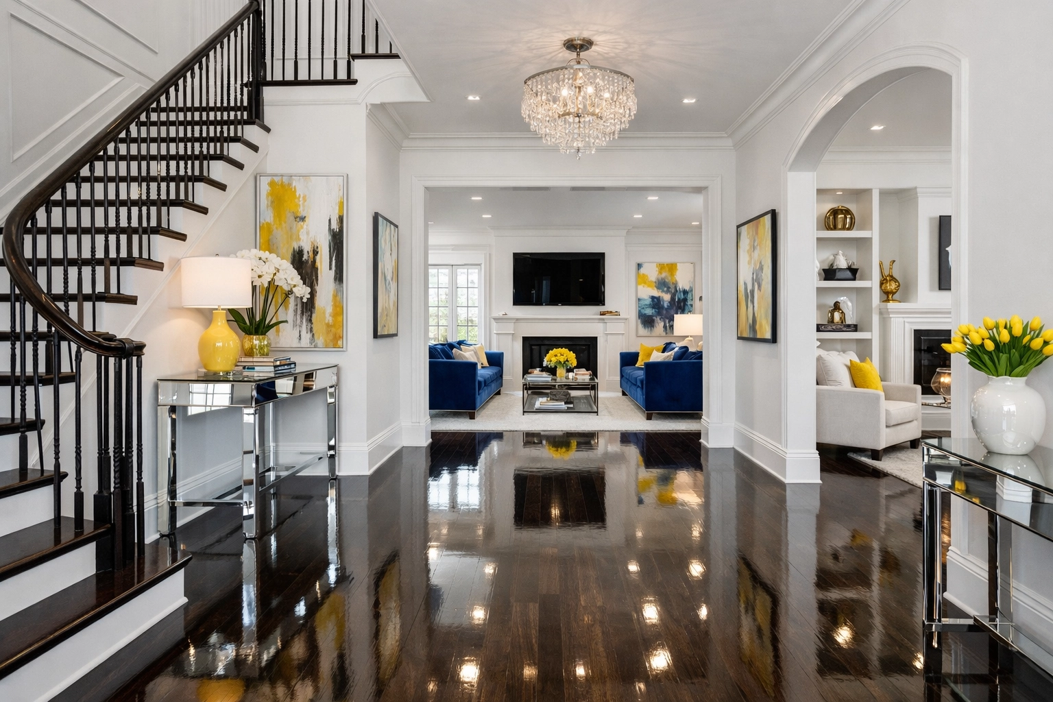 Sparkling clean hardwood floors and modern entryway after residential post construction cleaning Milford.