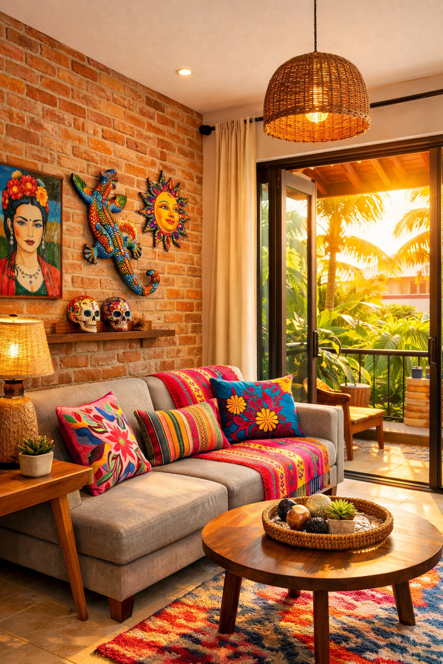 Vibrant Old Town Puerto Vallarta rental interior with authentic Otomí textiles and lush tropical views.