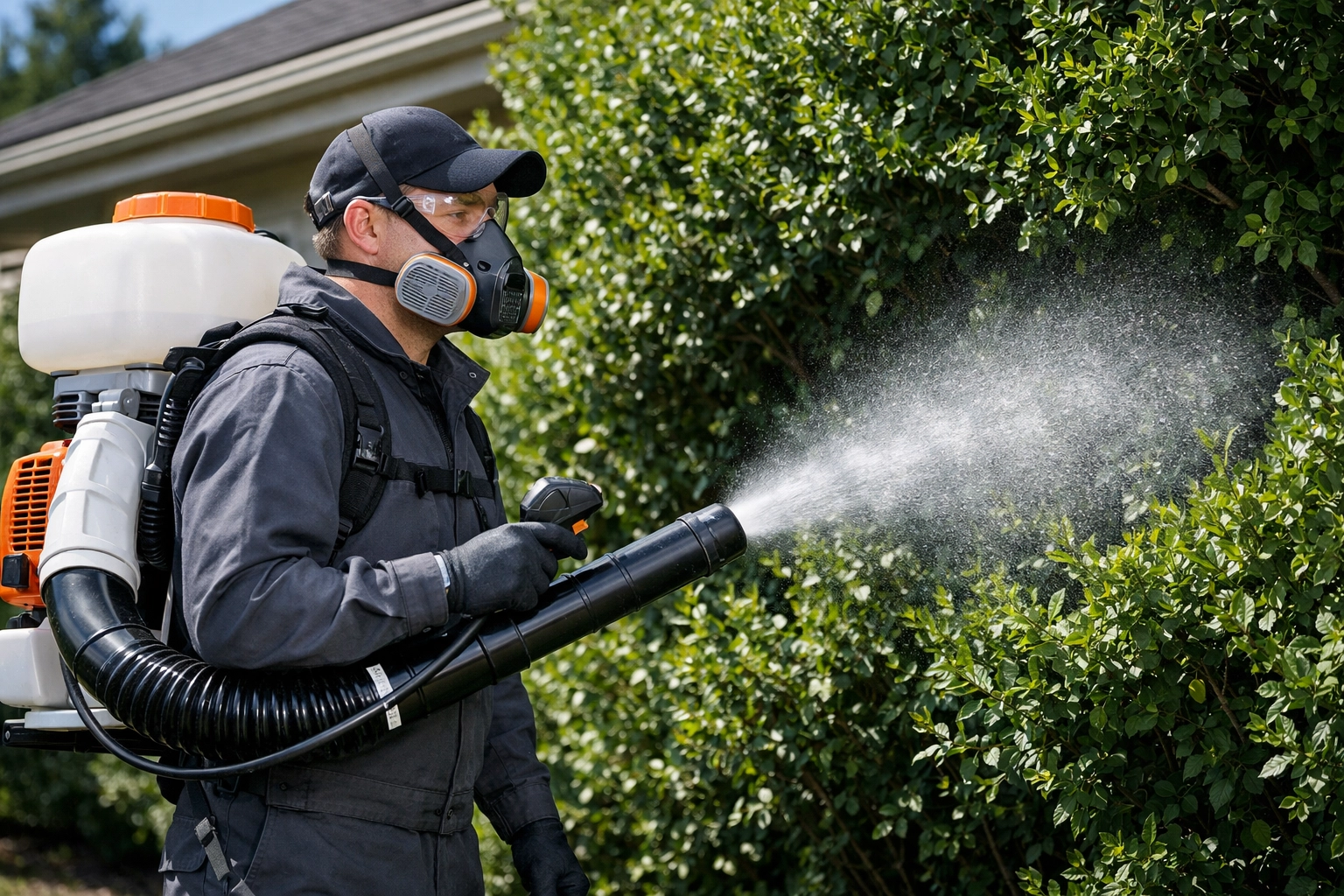 Exterminator in Westchester applying targeted mosquito control treatment to dense residential property hedges.