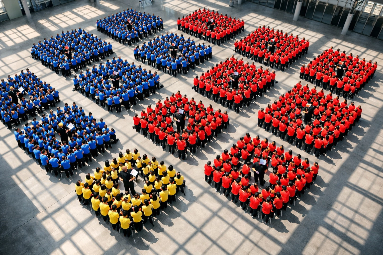 Large-scale workforce training session demonstrating scalable team management systems