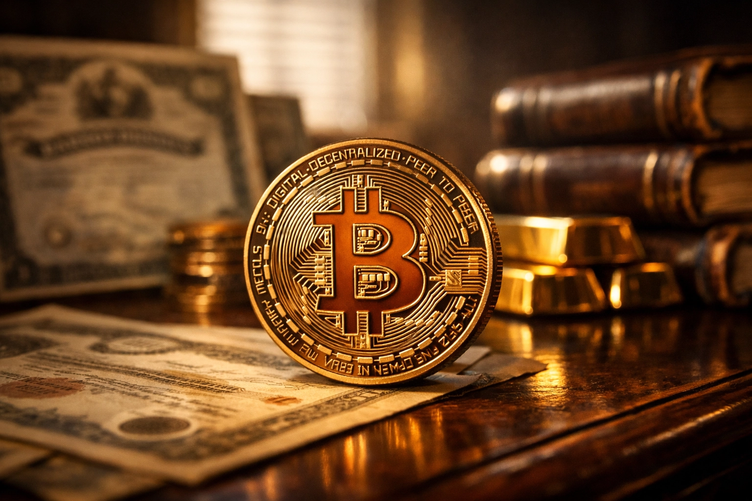 Bitcoin coin with traditional assets showing integration of crypto and conventional investments