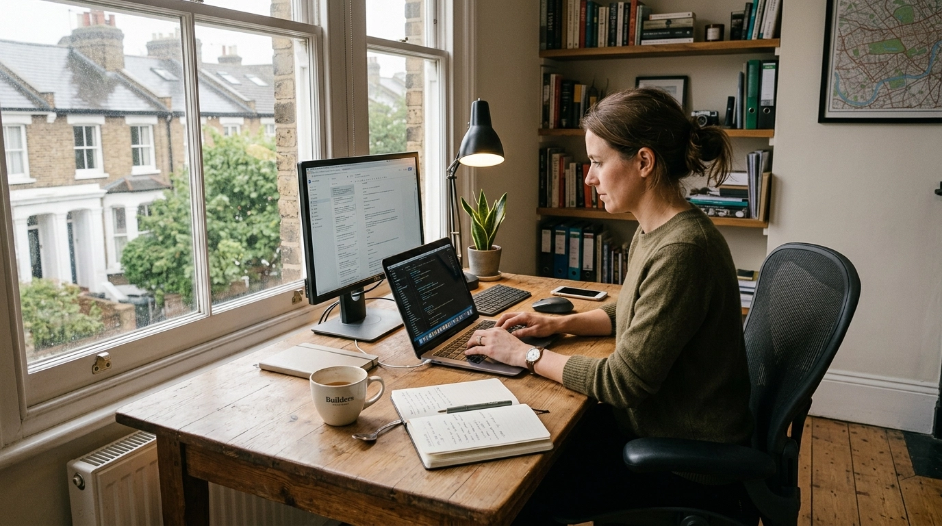 Hero Image: A realistic home office setup, professional and grounded.