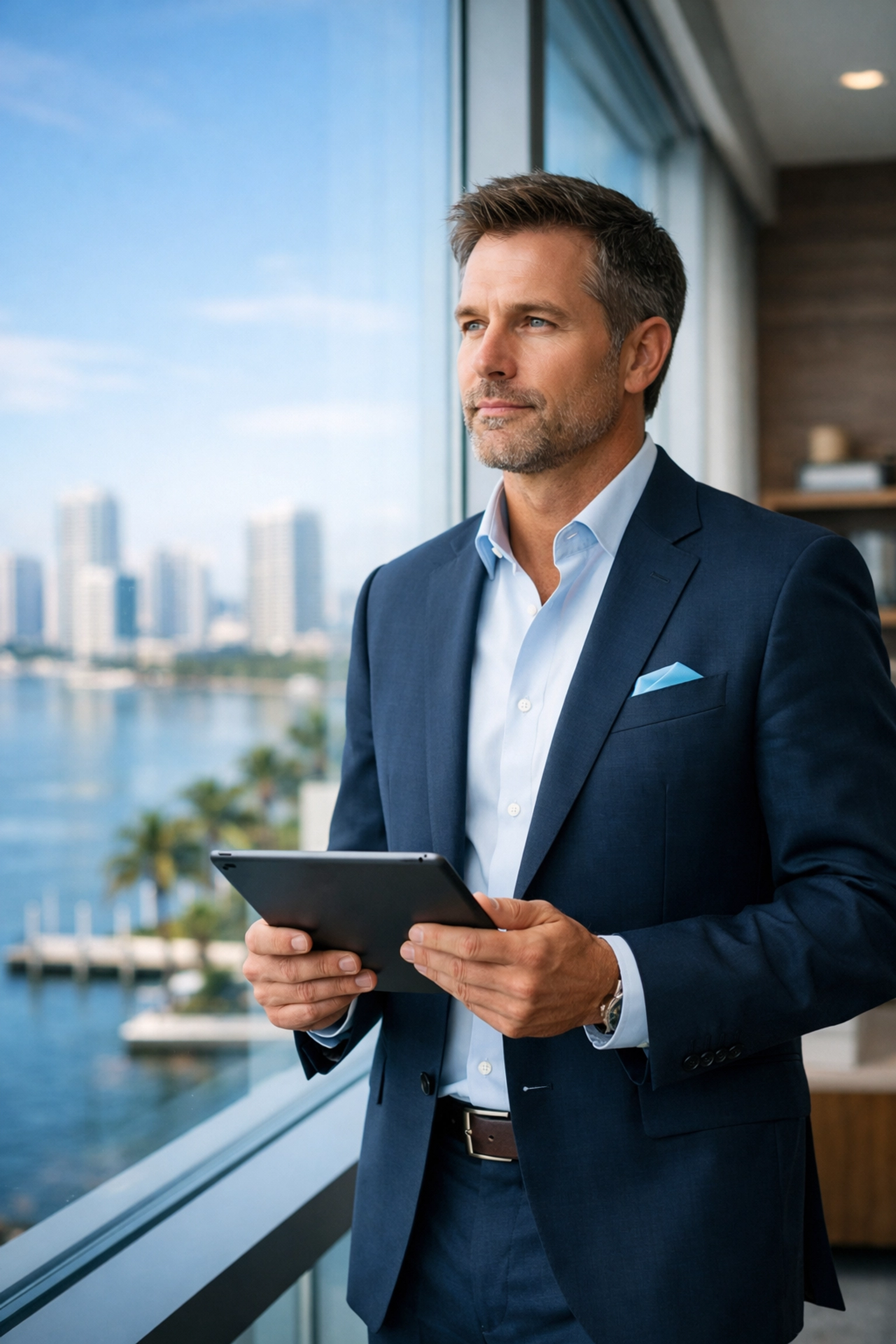 Successful South Florida business owner reviewing a growth strategy and financial plan on a tablet.