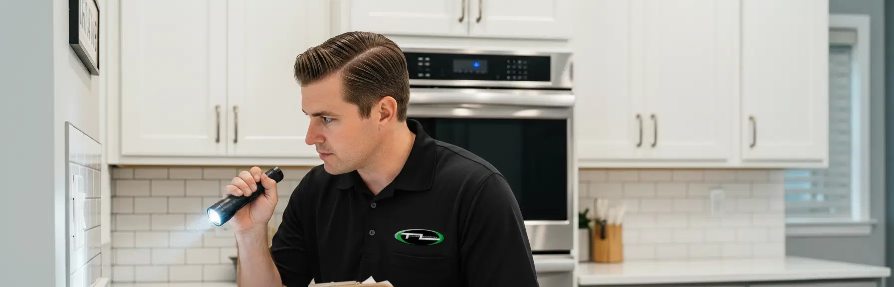 A technician inspecting a kitchen wall with a flashlight for signs of rodent activity