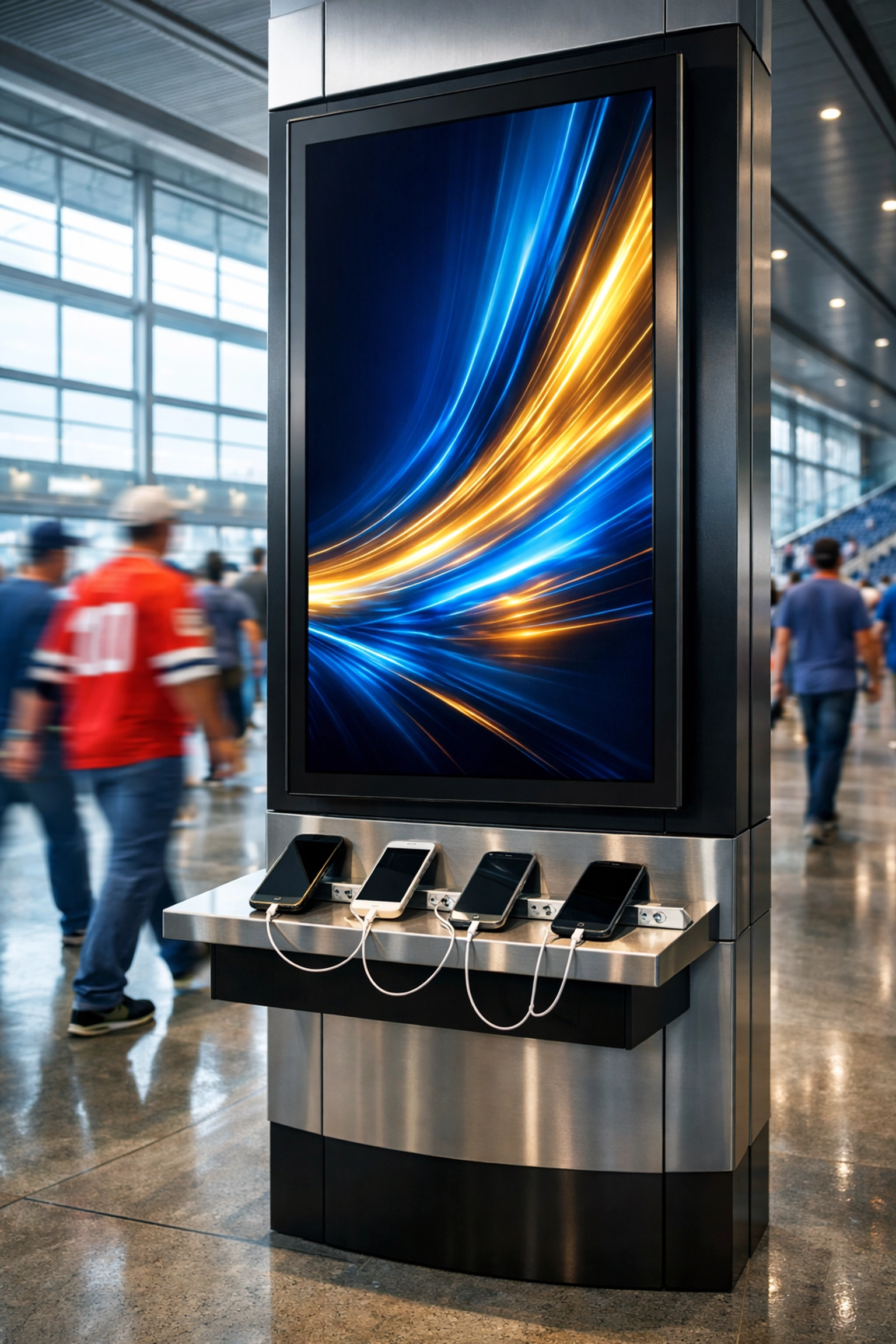 Sleek sports stadium advertising kiosk featuring integrated mobile device charging ports for fan engagement.