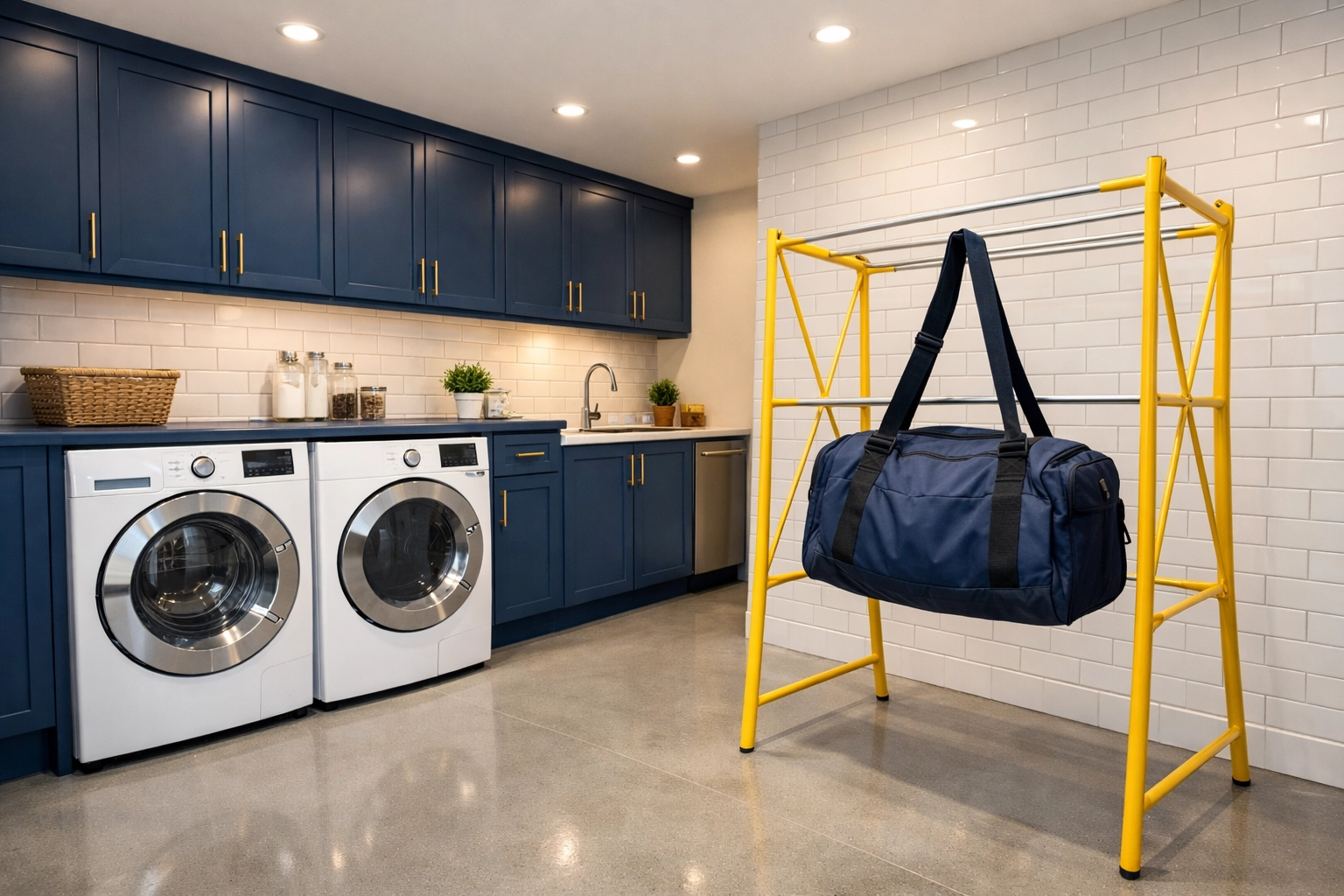 A navy sports gym bag hanging to air dry on a rack in a modern white and blue laundry room.