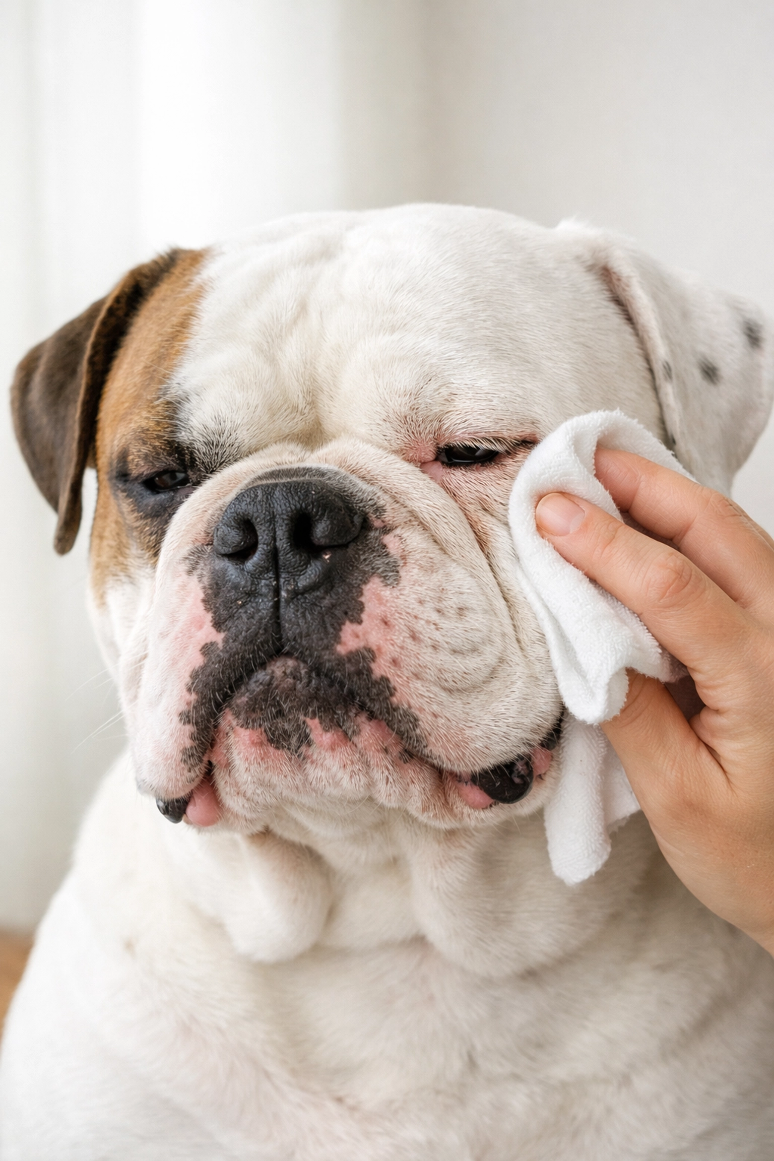 Nettoyage des plis du visage d'un Bouledogue américain pour un entretien et une hygiène de peau optimaux.