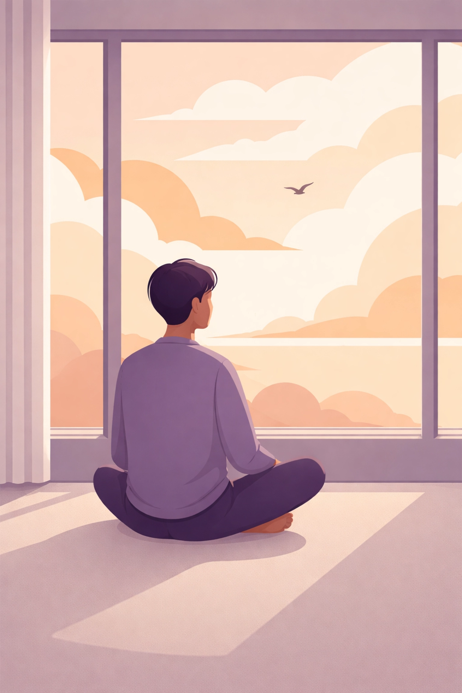 Person sitting calmly by a window, gazing outside to illustrate five-minute mindful breaks for busy brains.