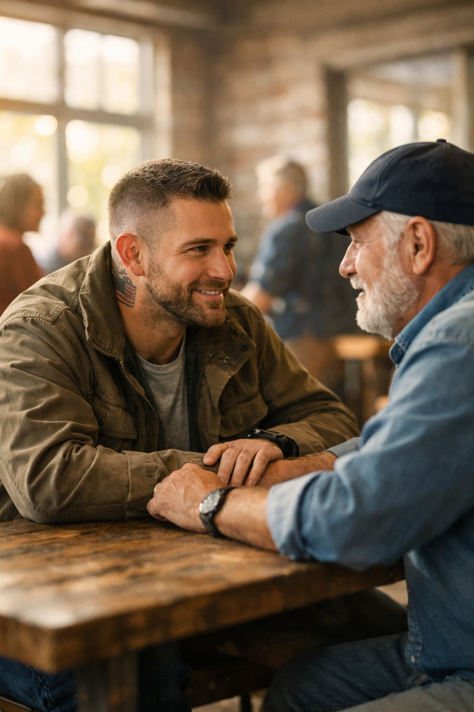 A veteran discussing career transition with a supportive mentor in a sunlit community space.
