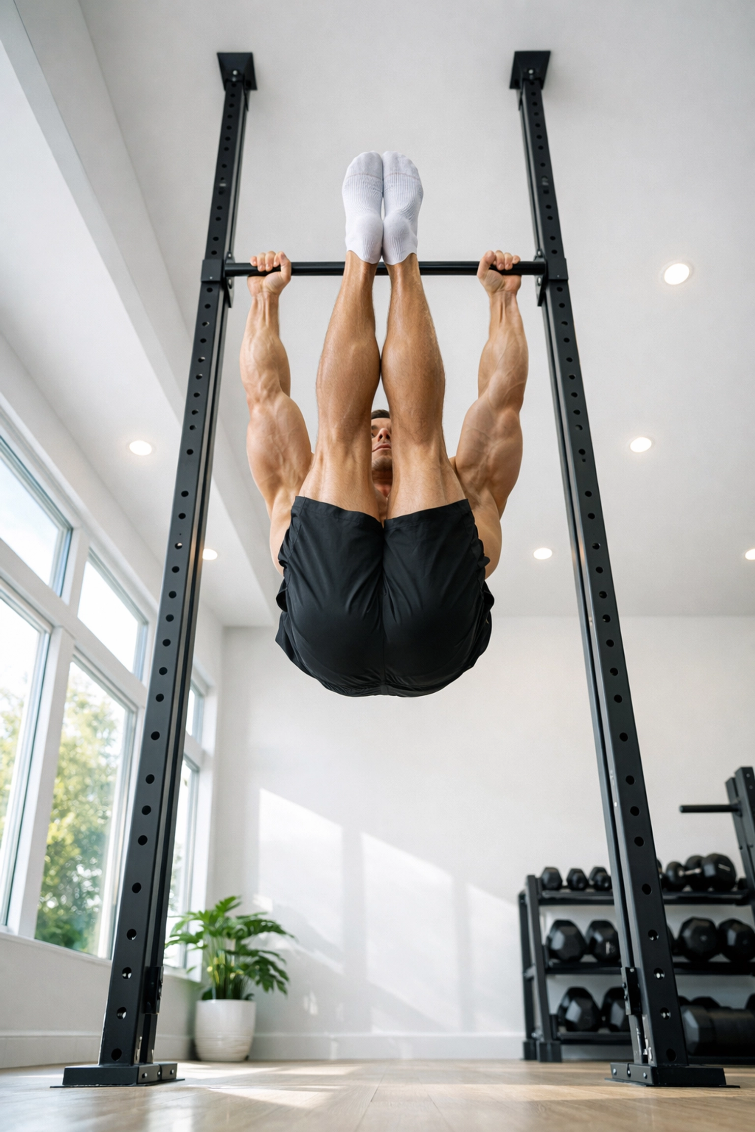Gymnast doing toes-to-bar leg raises on a versatile home gym rail with high vertical clearance.