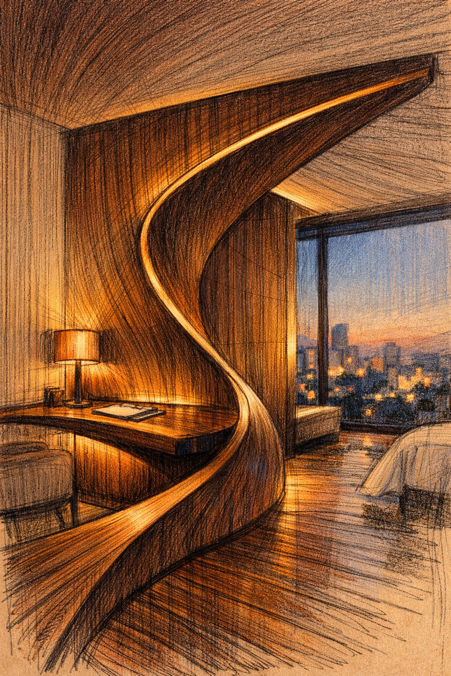 Luxury boutique hotel interior design featuring a sculptural wooden desk and fluid suite curves.