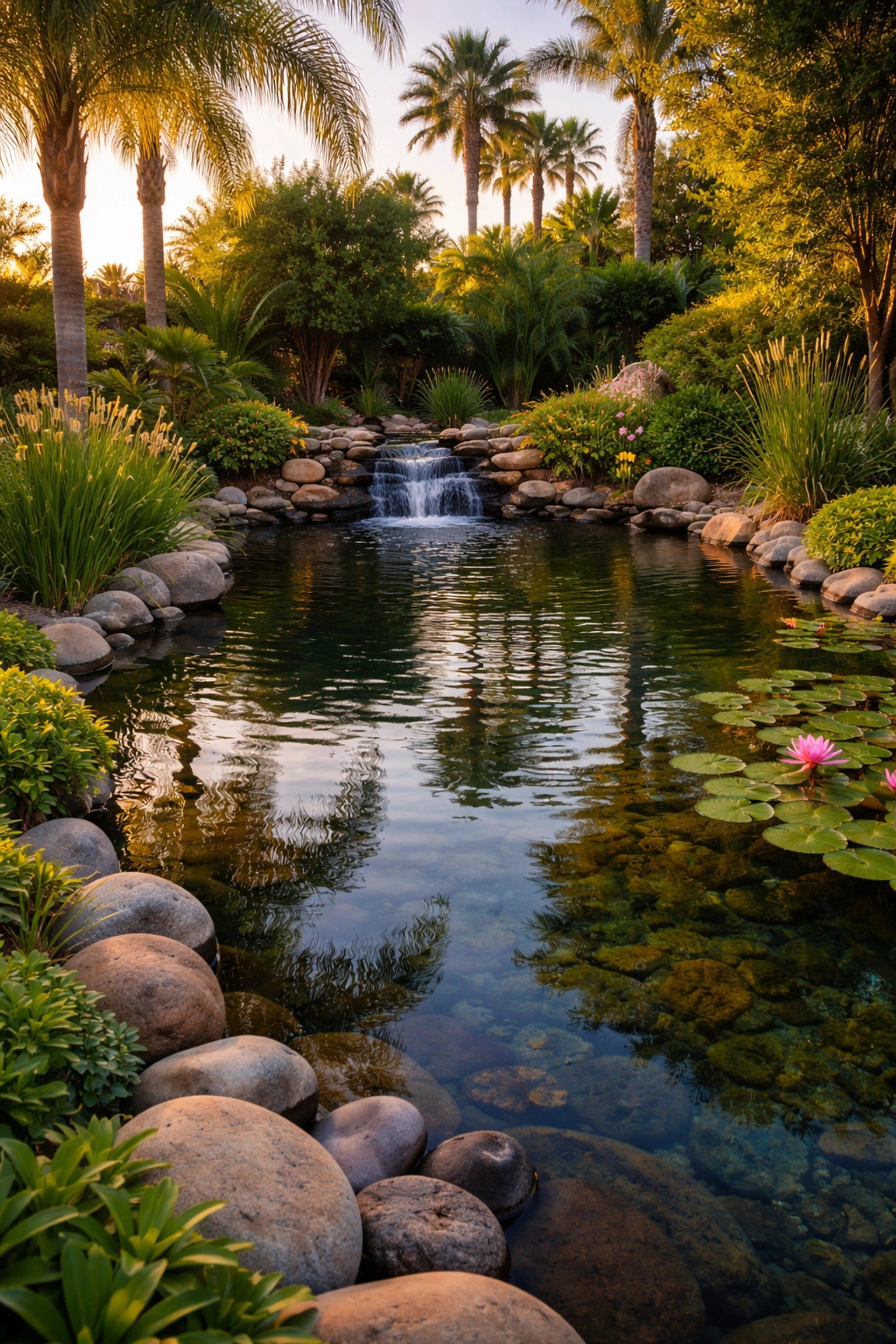 Serene, professionally maintained backyard pond at sunset showcasing clear water and healthy aquatic plants