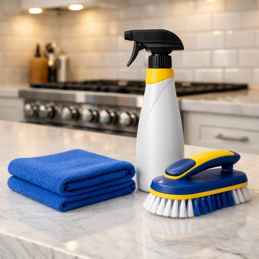 Professional cleaning supplies for eco-friendly house cleaning MA on a sparkling white marble kitchen counter.