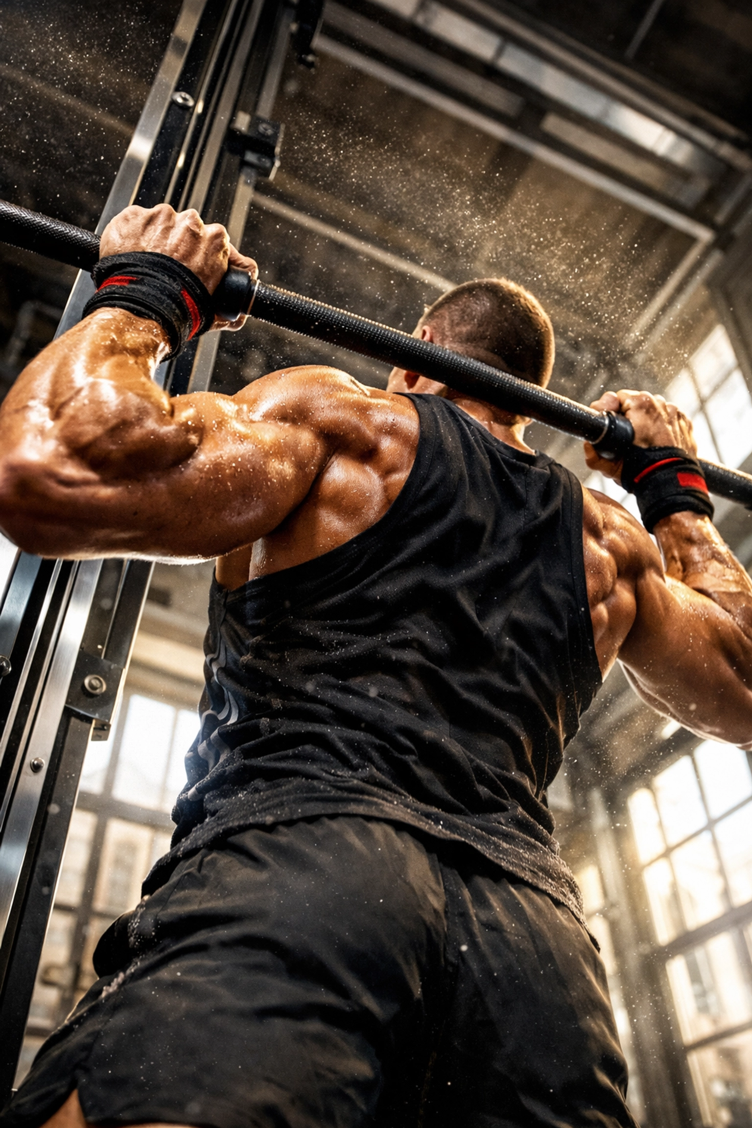 CrossFit athlete using a floor to ceiling gym system for explosive pull-ups as a pull up bar alternative.